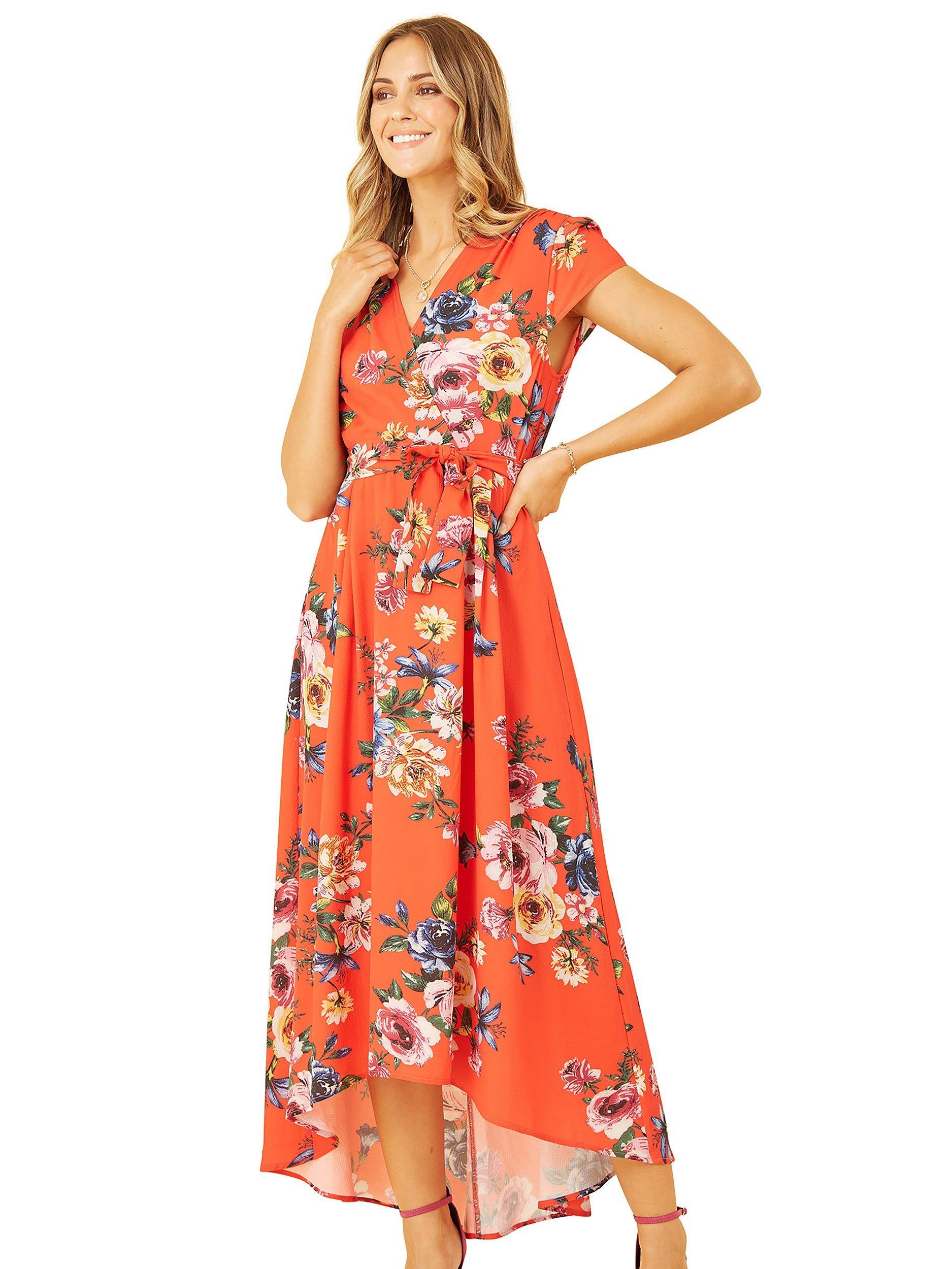 Mela London Floral Print Wrap Midi Dress, Orange, 8