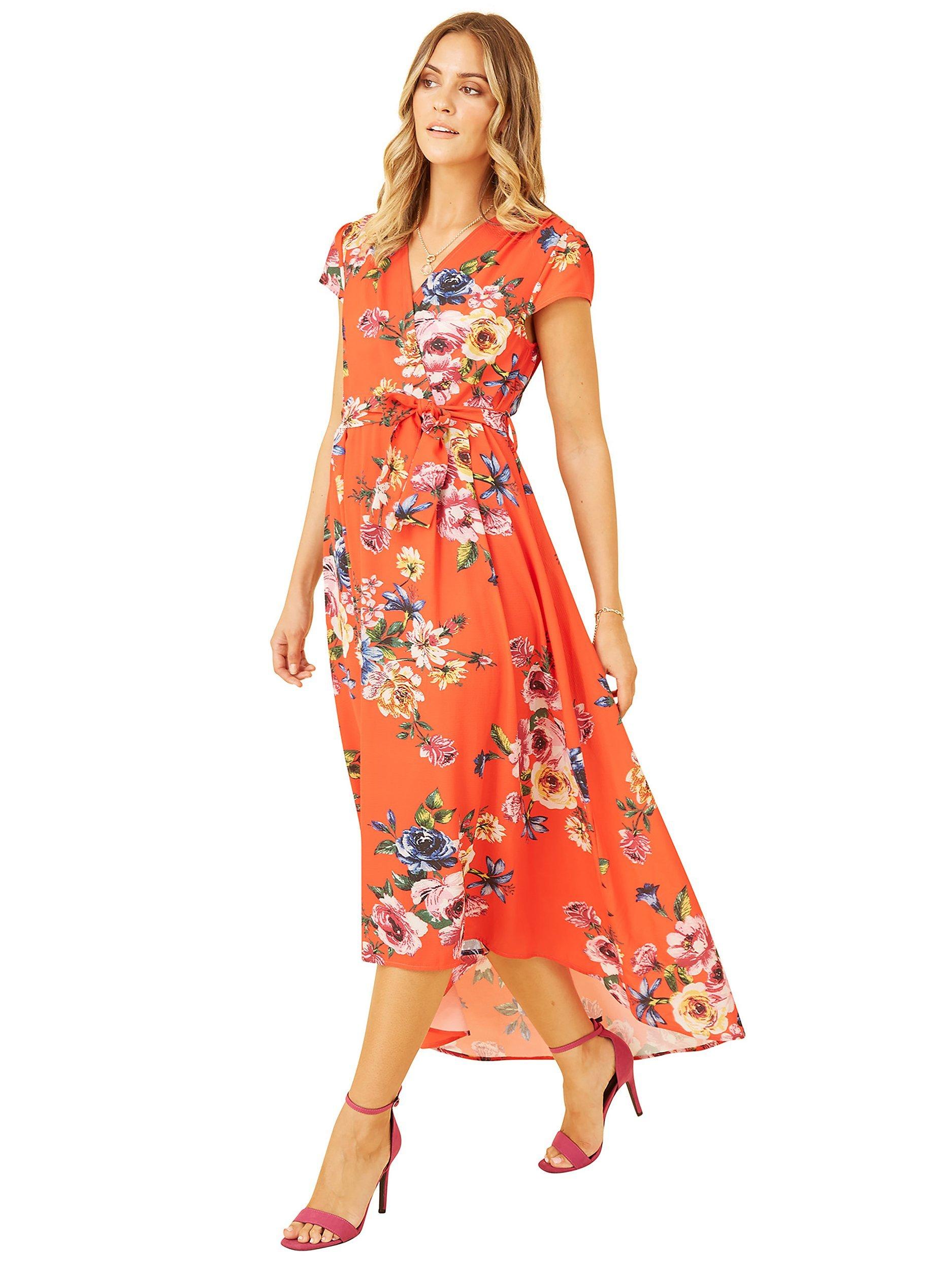 Mela London Floral Print Wrap Midi Dress, Orange, 8