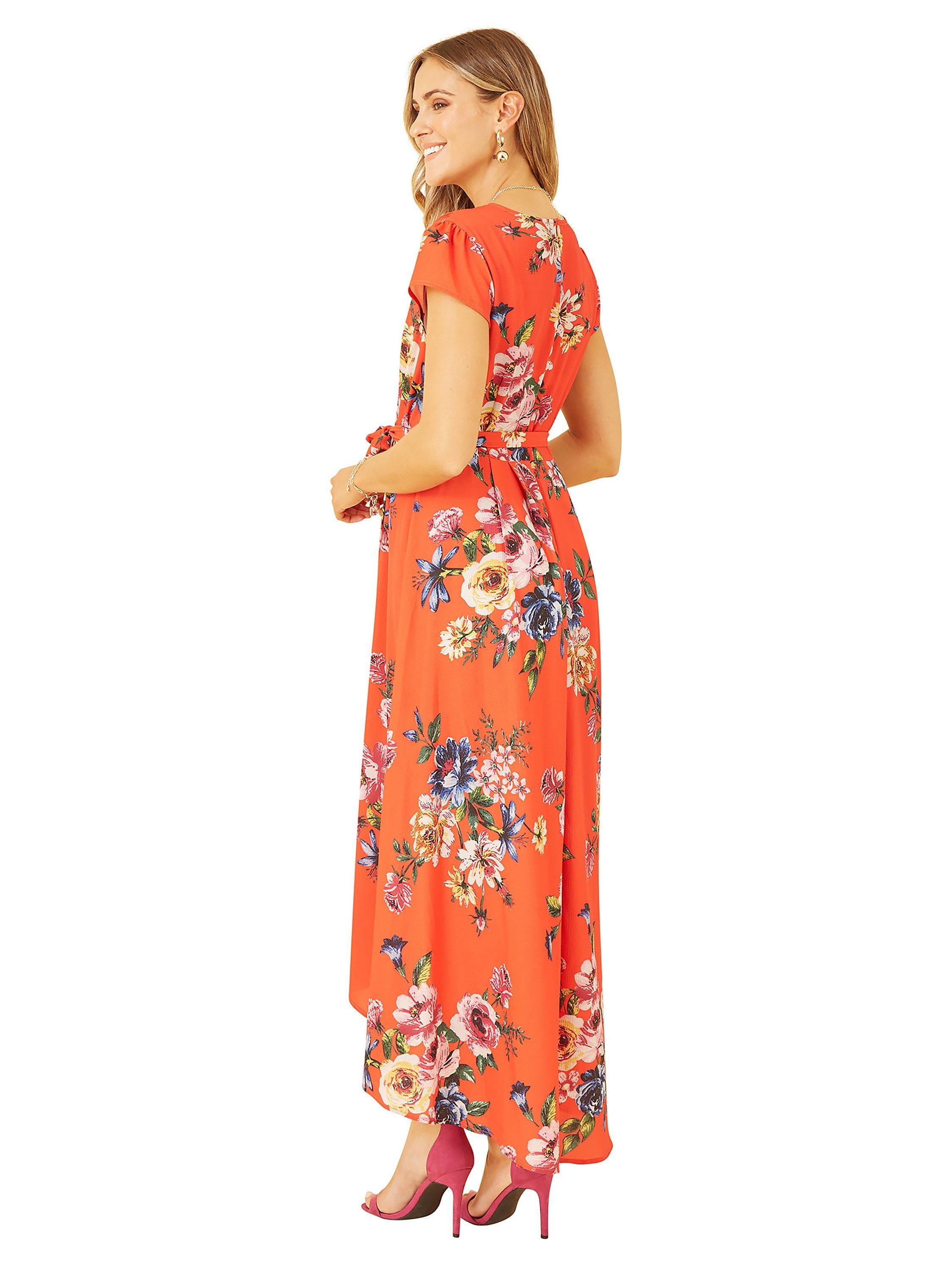 Mela London Floral Print Wrap Midi Dress, Orange, 8