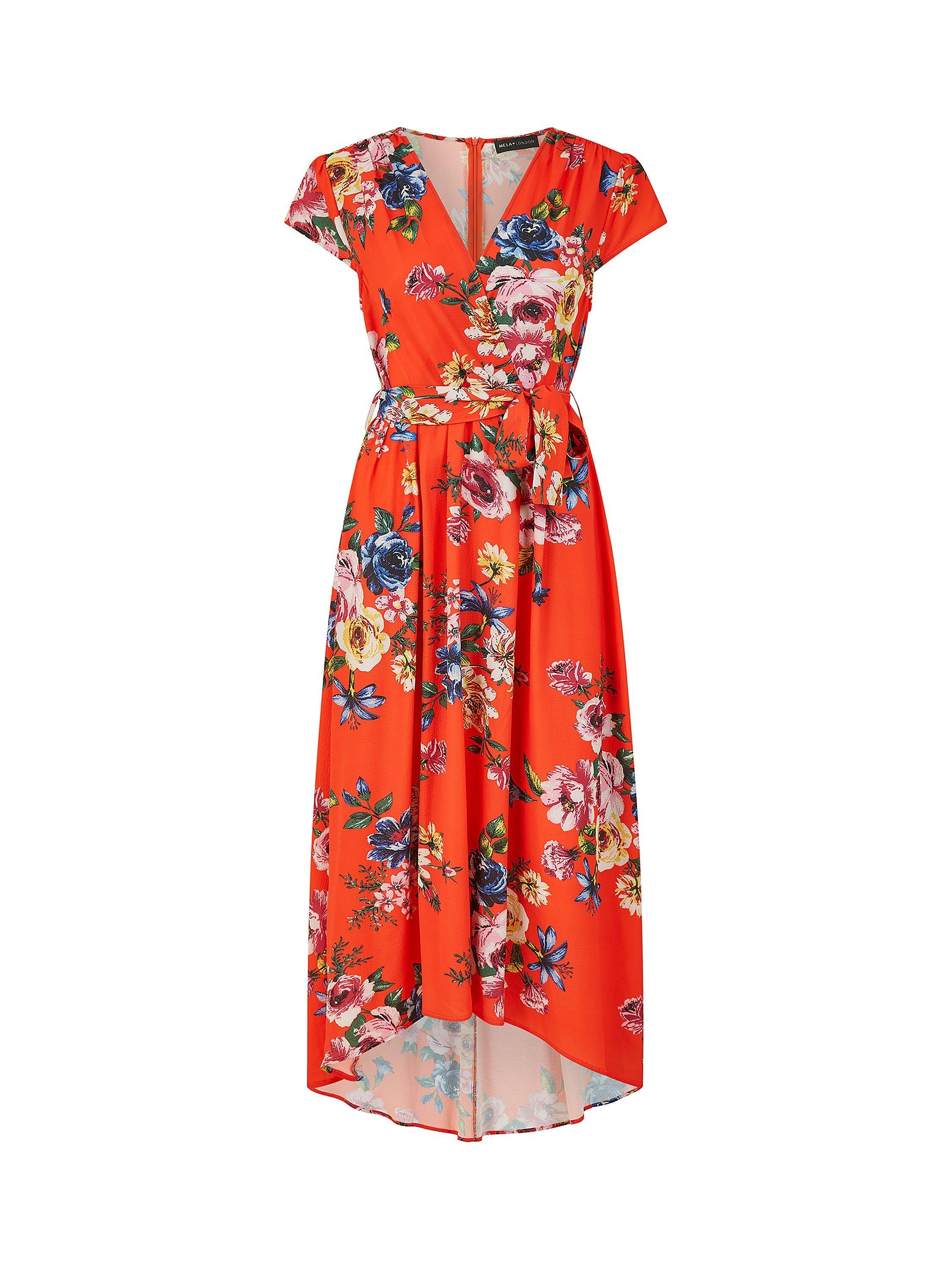 Mela London Floral Print Wrap Midi Dress, Orange, 8