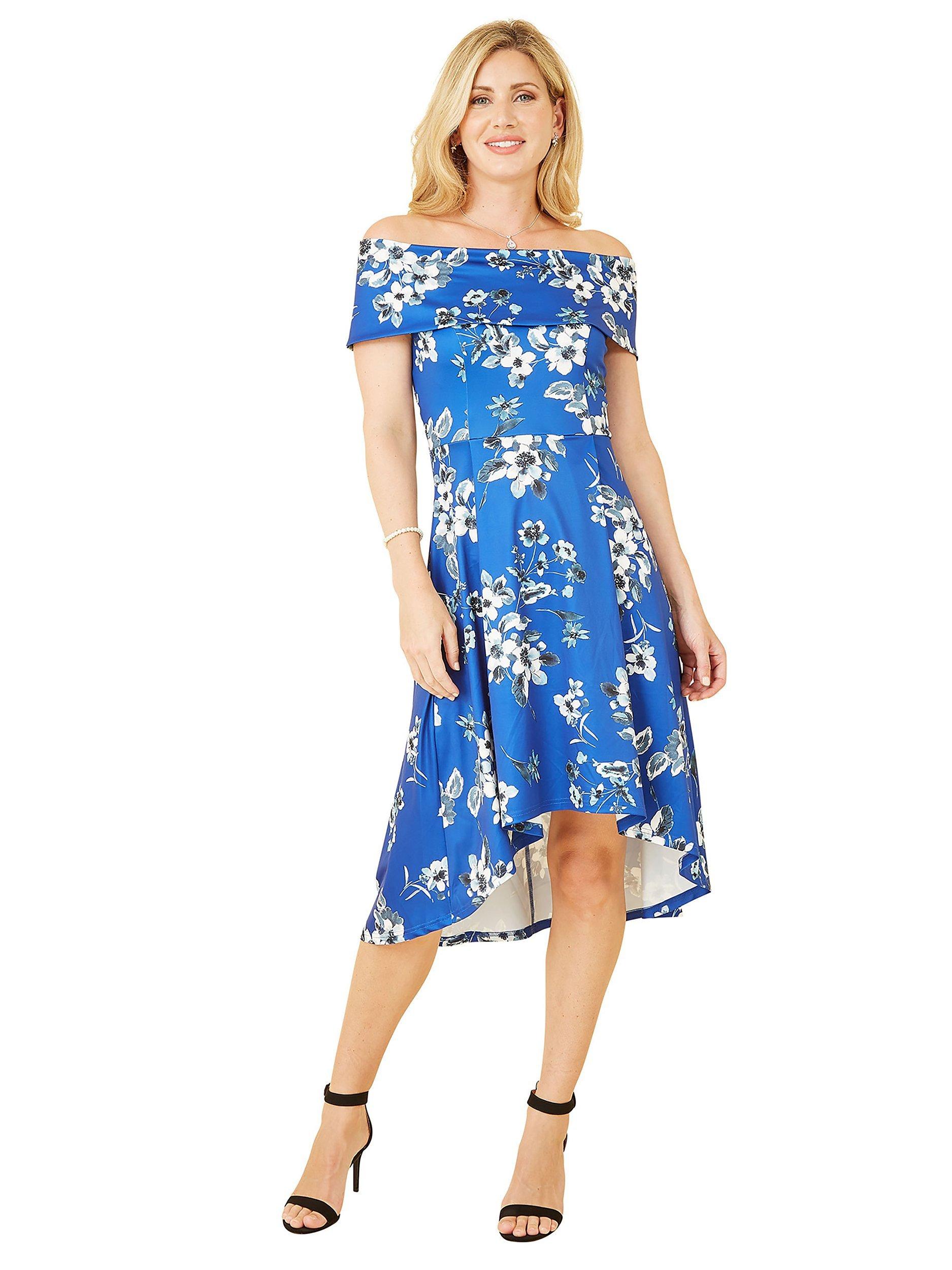 Product image 2 of 4, which shows Mela London Floral Bardot Dipped Hem Dress, Blue, 8