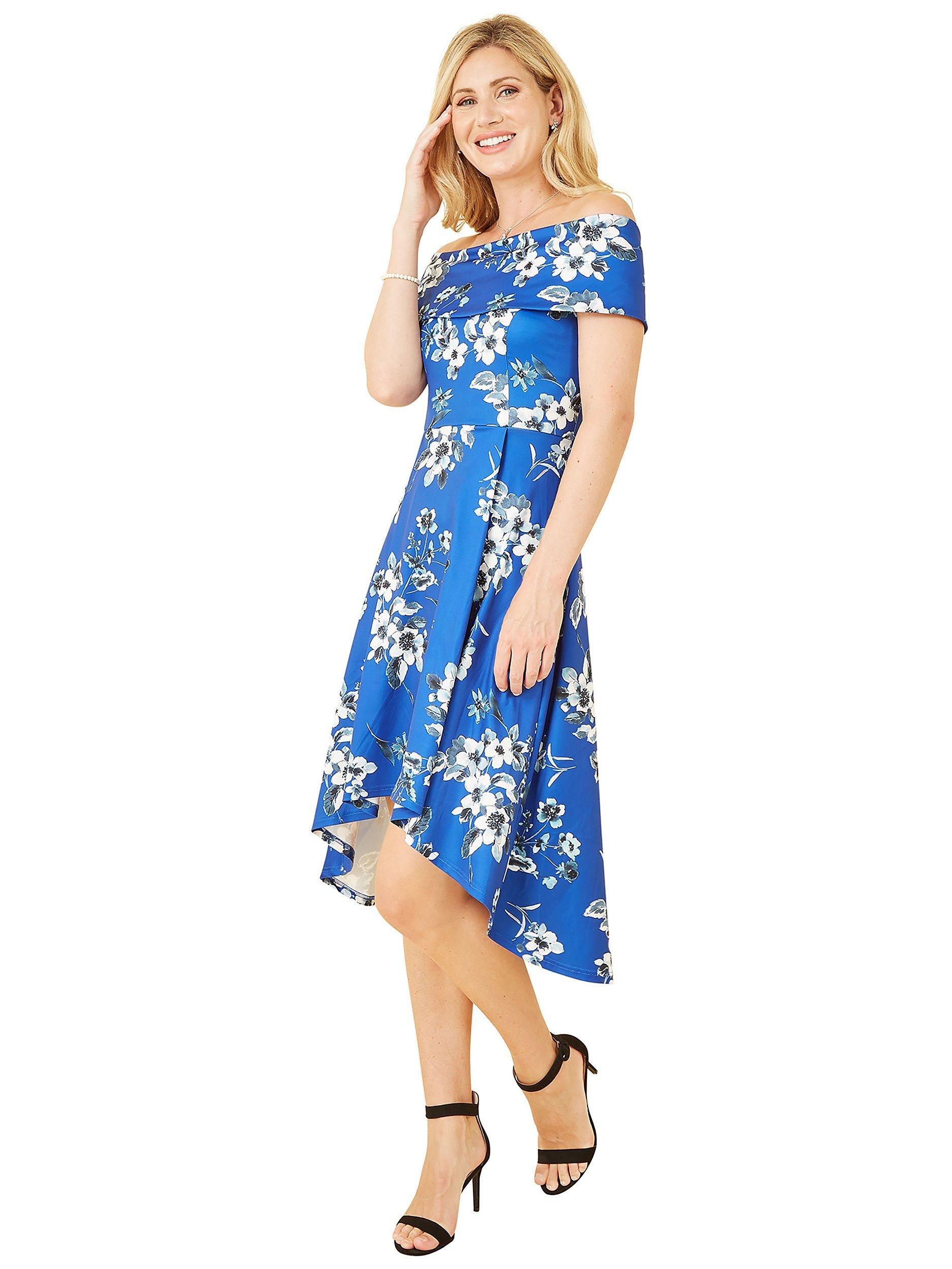 Product image 3 of 4, which shows Mela London Floral Bardot Dipped Hem Dress, Blue, 8