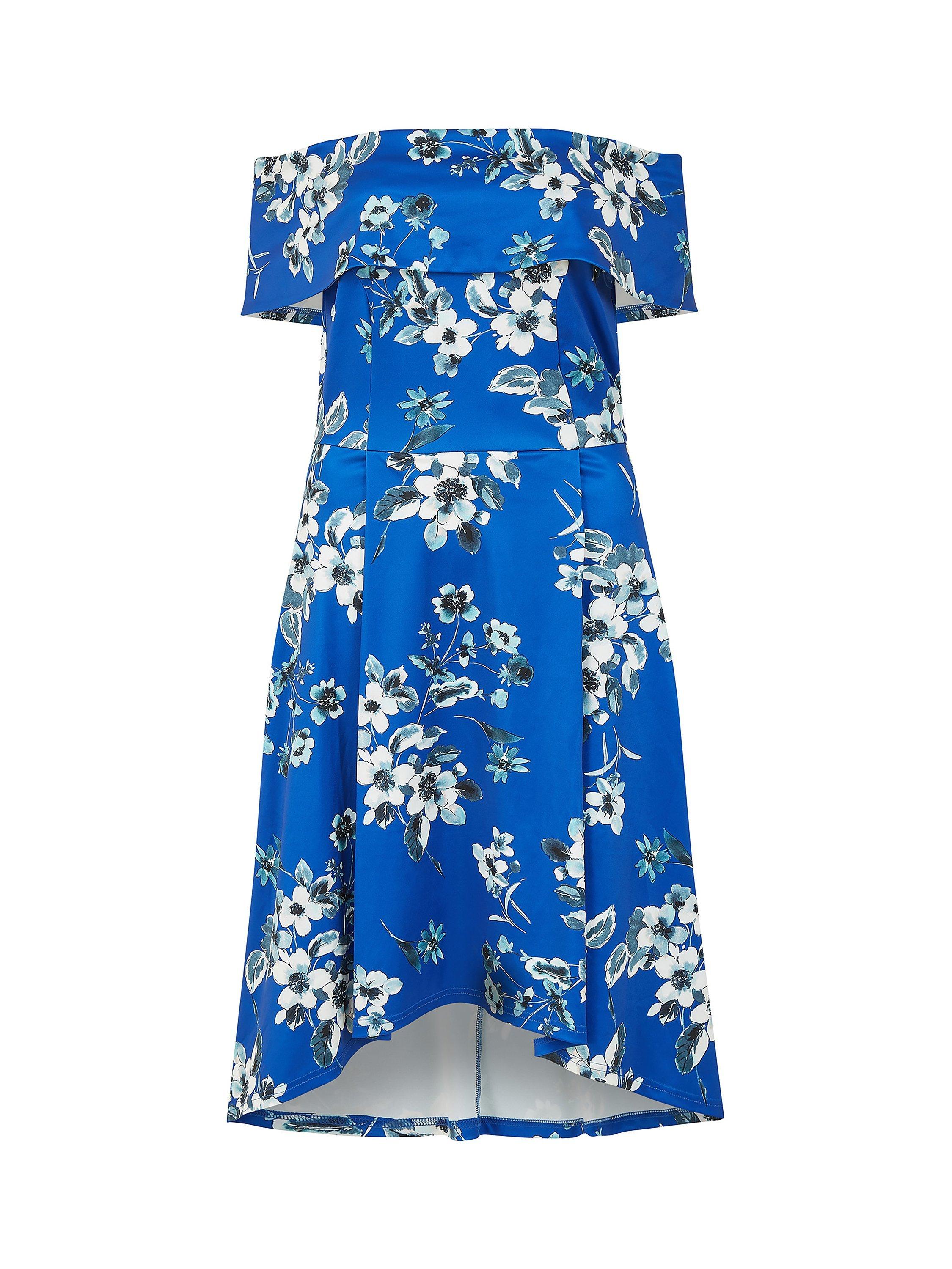Product image 4 of 4, which shows Mela London Floral Bardot Dipped Hem Dress, Blue, 8