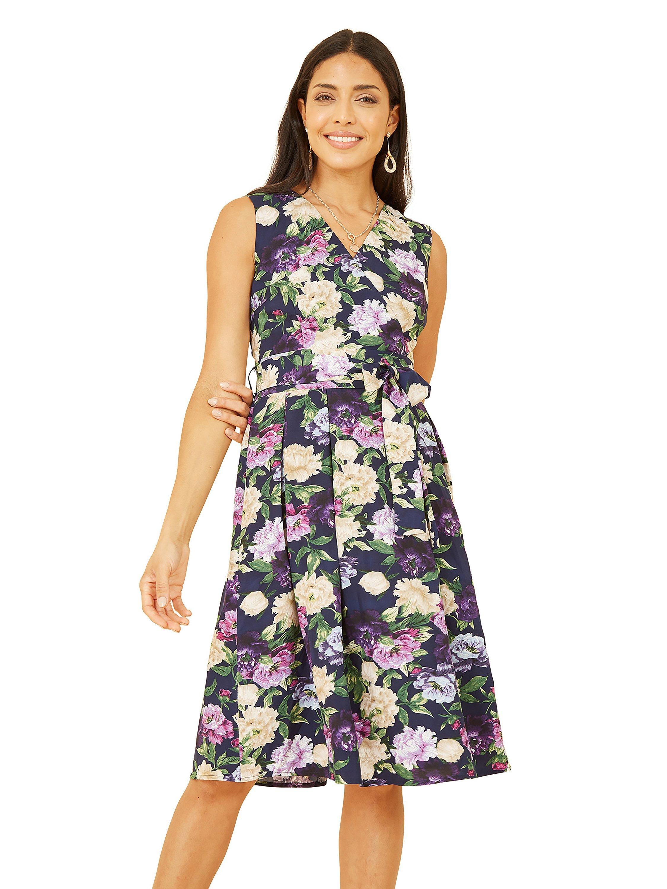 Product image 1 of 5, which shows Mela London Floral Wrap Over Skater Dress, Navy, 12