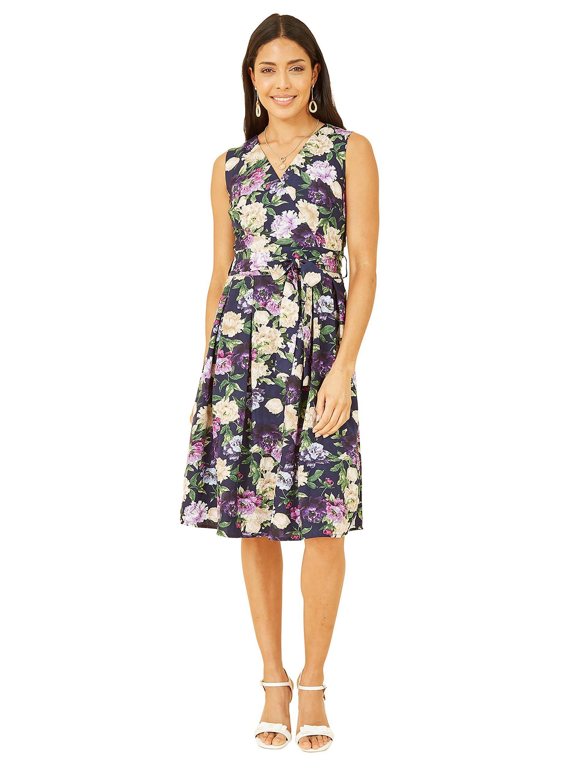 Product image 2 of 5, which shows Mela London Floral Wrap Over Skater Dress, Navy, 12