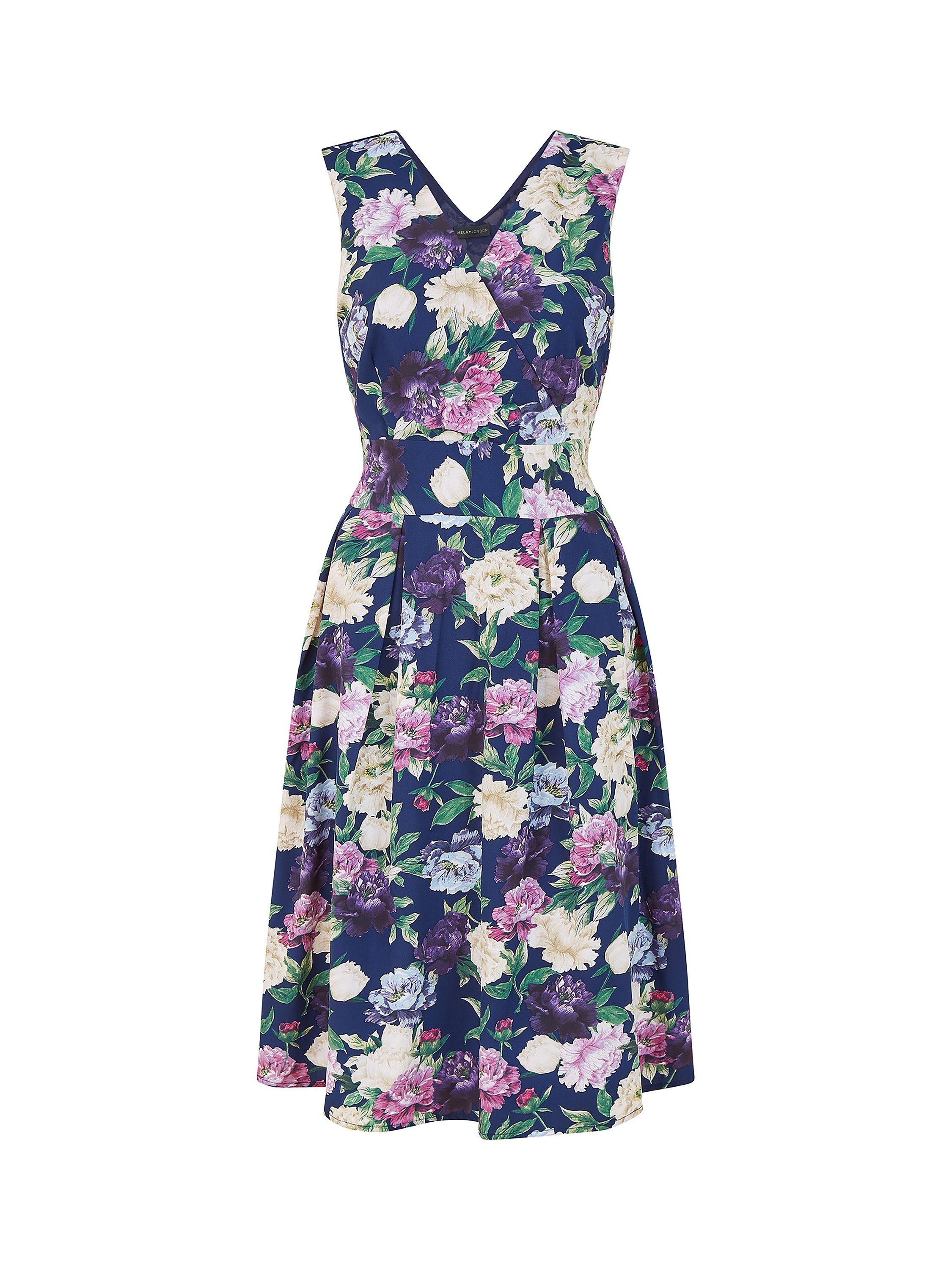 Product image 5 of 5, which shows Mela London Floral Wrap Over Skater Dress, Navy, 12