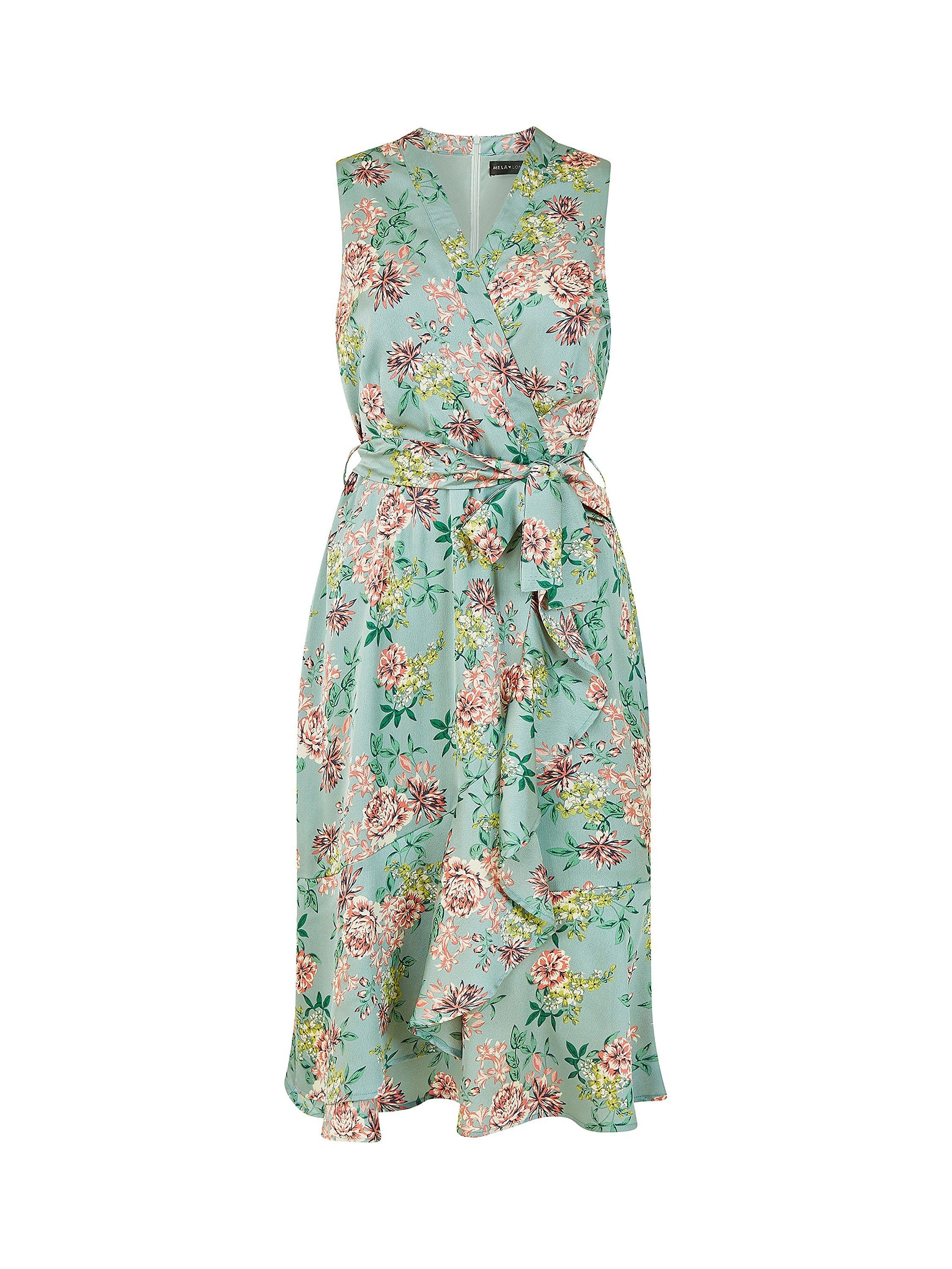 Product image 3 of 6, which shows Yumi Mela London Floral Satin Wrap Dress, Green, 8