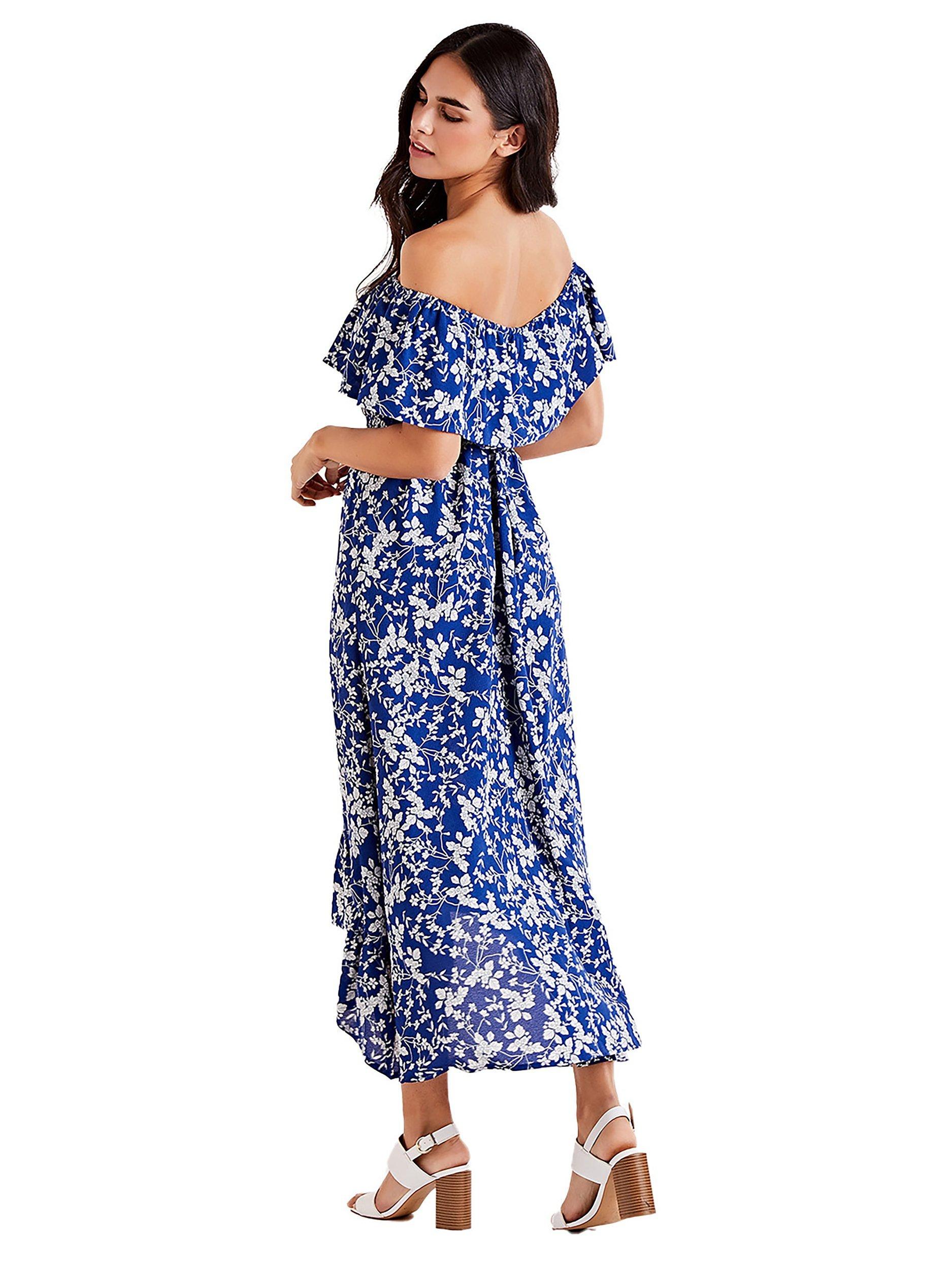 Product image 3 of 4, which shows Mela London Ditsy Print Bardot Dipped Hem Dress, Blue, 18