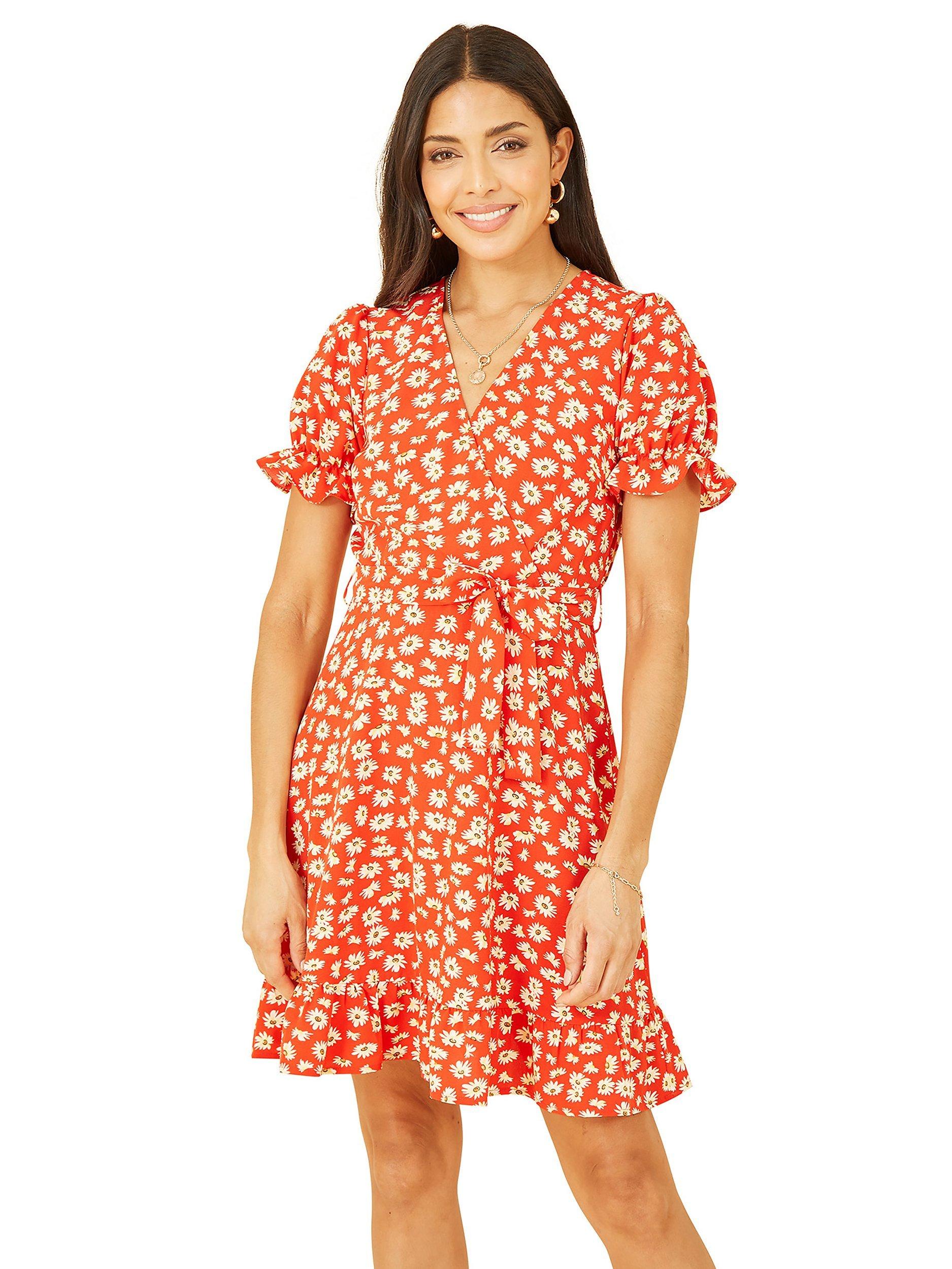 Product image 1 of 5, which shows Yumi Mela London Daisy Print Wrap Dress, Red, 8