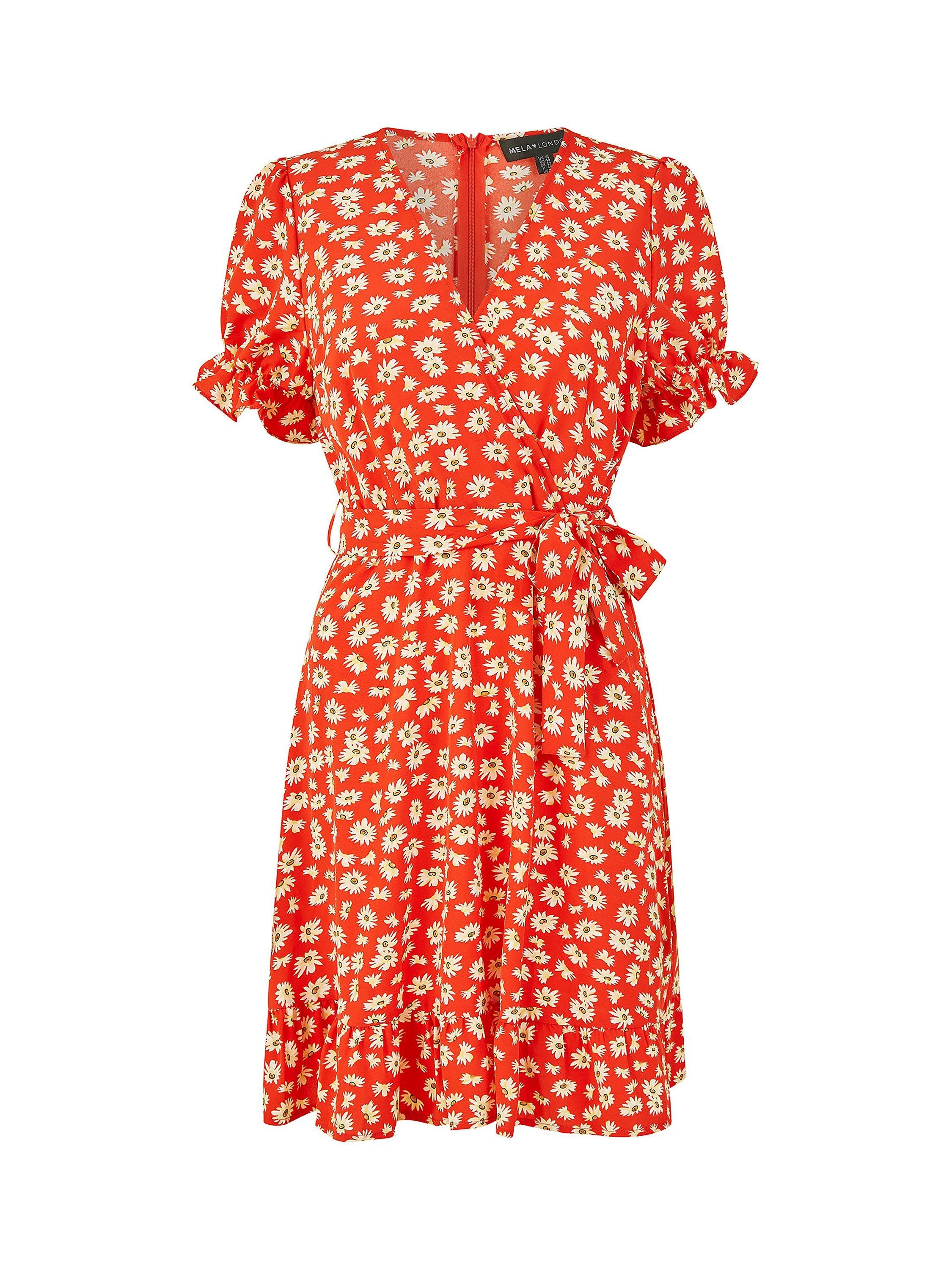 Product image 5 of 5, which shows Yumi Mela London Daisy Print Wrap Dress, Red, 8