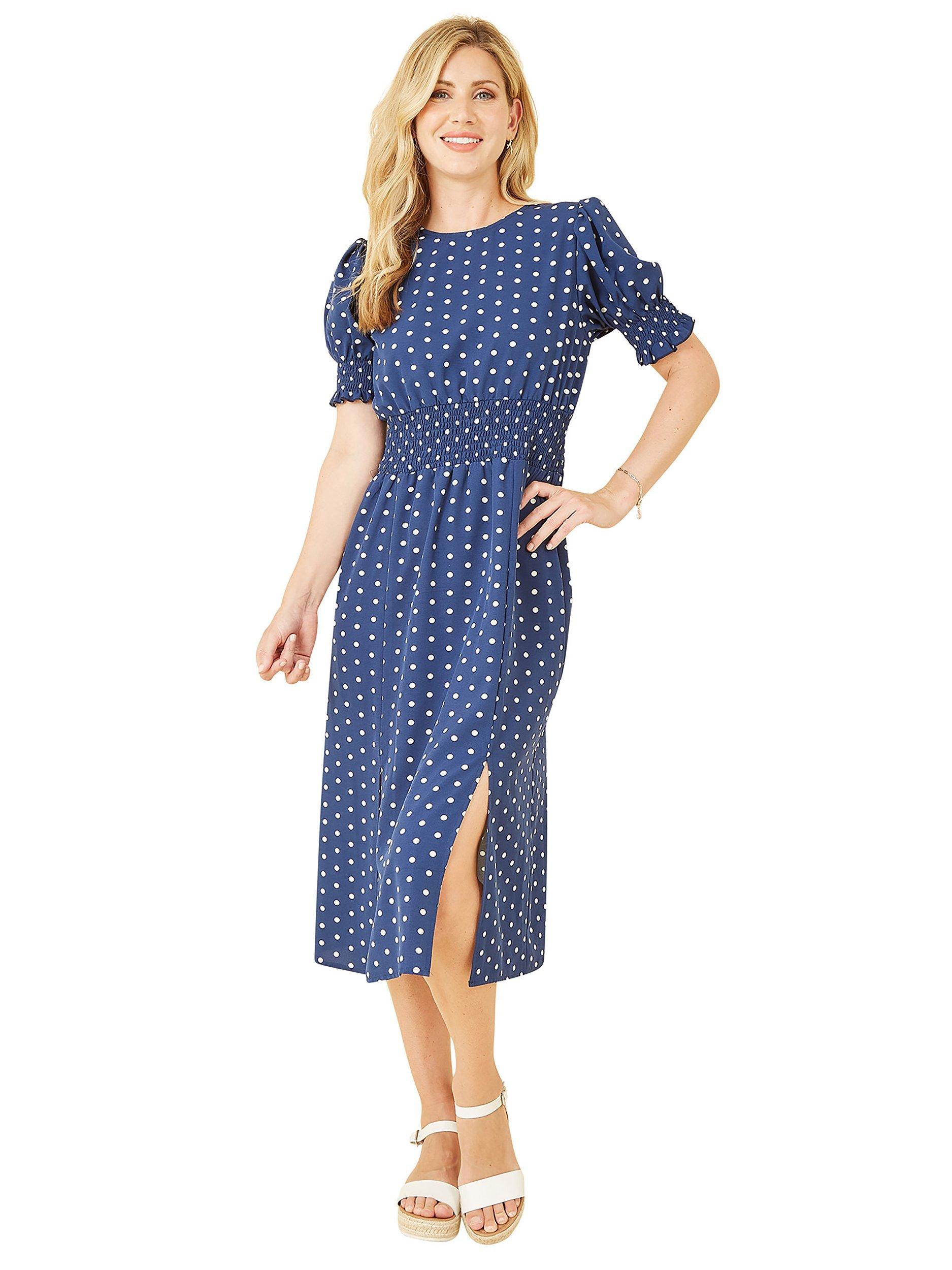 Product image 1 of 5, which shows Yumi Mela London Polka Dot Print Shirred Waist Midi Dress, Navy, 8