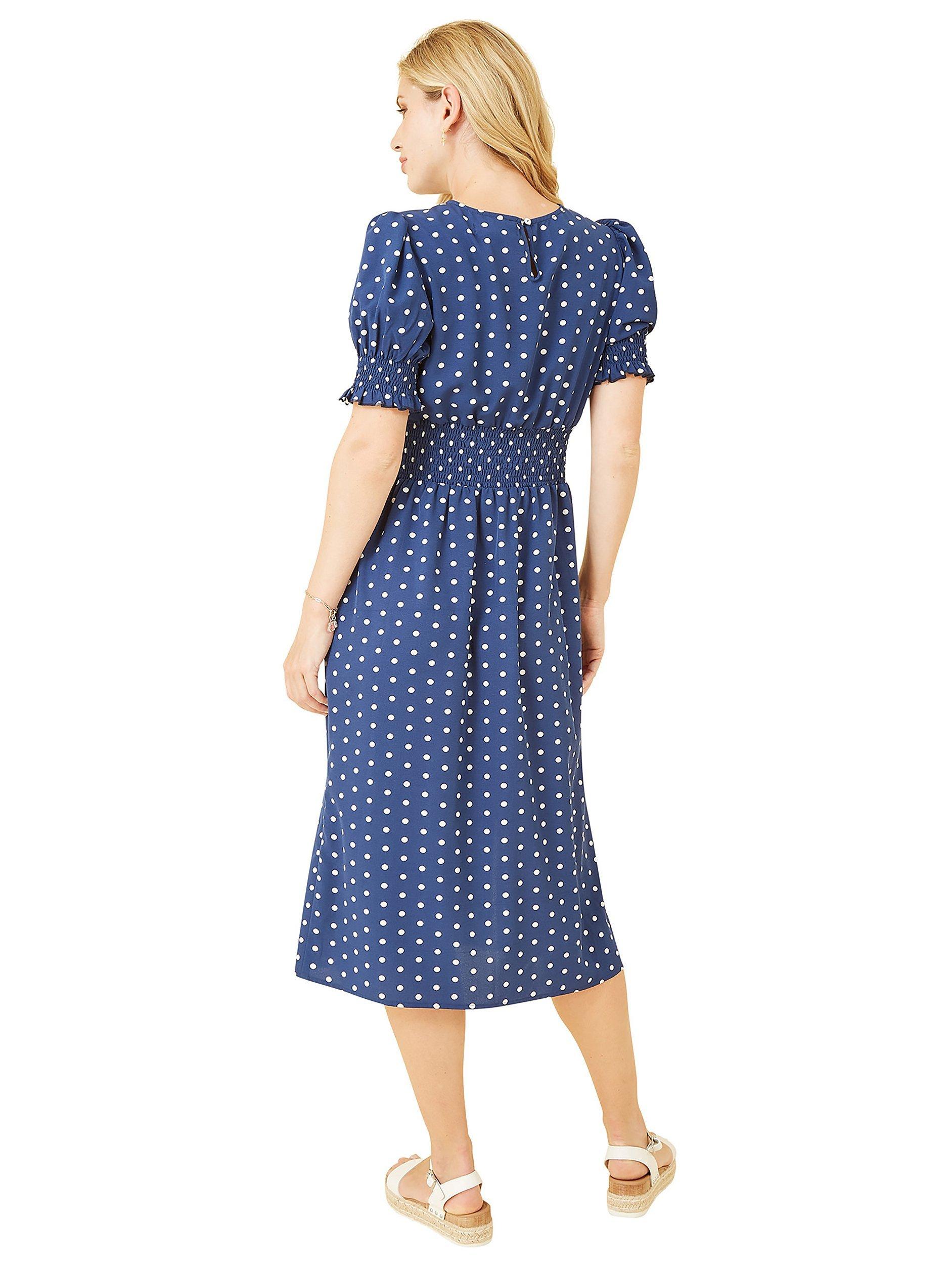 Product image 3 of 5, which shows Yumi Mela London Polka Dot Print Shirred Waist Midi Dress, Navy, 8