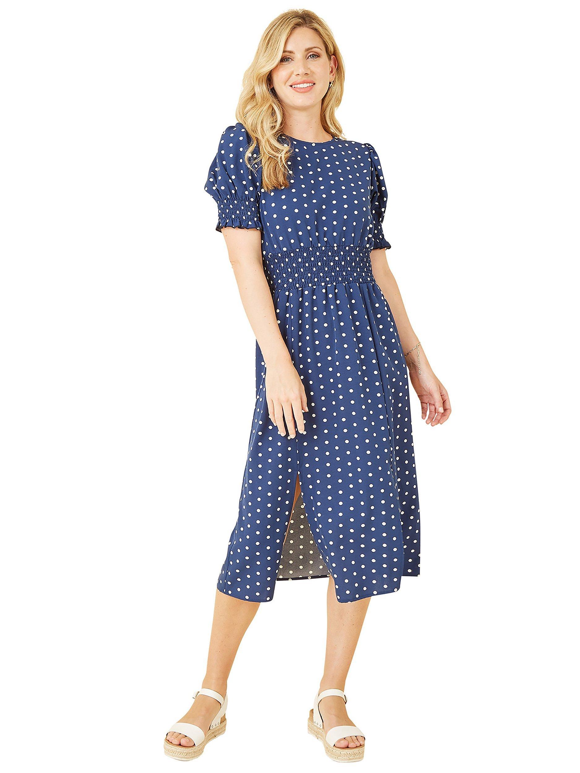 Product image 4 of 5, which shows Yumi Mela London Polka Dot Print Shirred Waist Midi Dress, Navy, 8