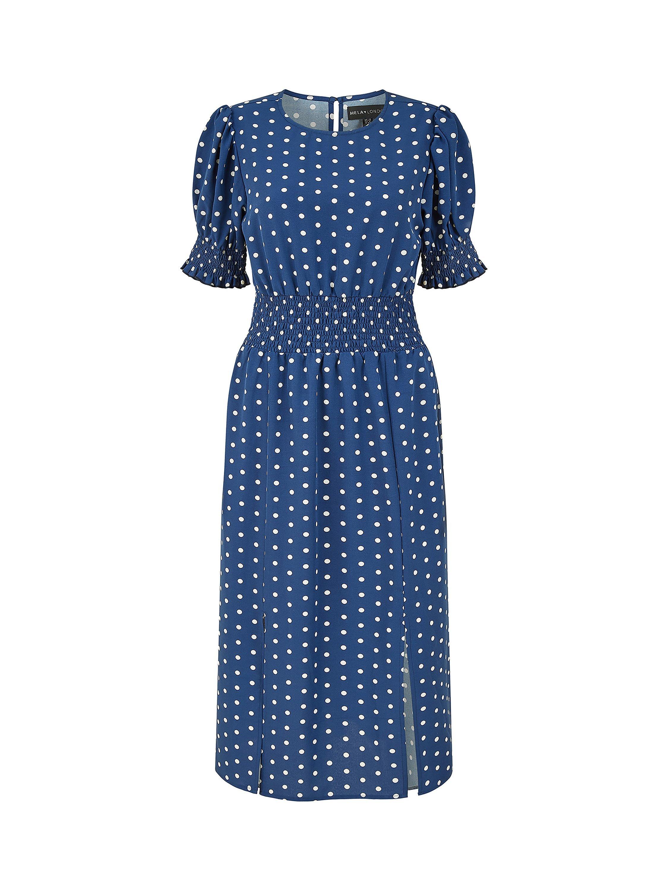 Product image 5 of 5, which shows Yumi Mela London Polka Dot Print Shirred Waist Midi Dress, Navy, 8