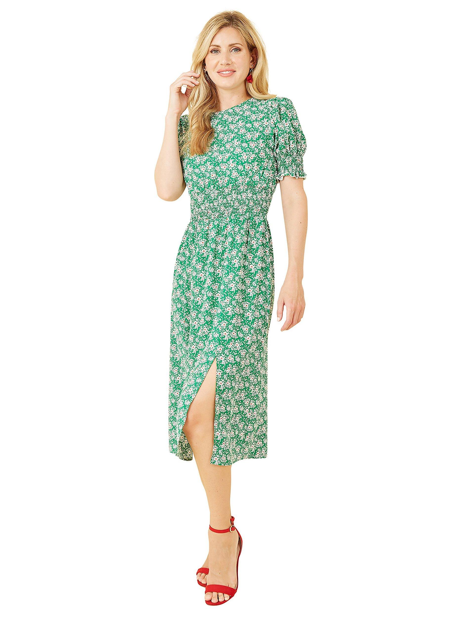 Product image 1 of 5, which shows Yumi Mela London Floral Print Shirred Waist Midi Dress, Green/Multi, 8