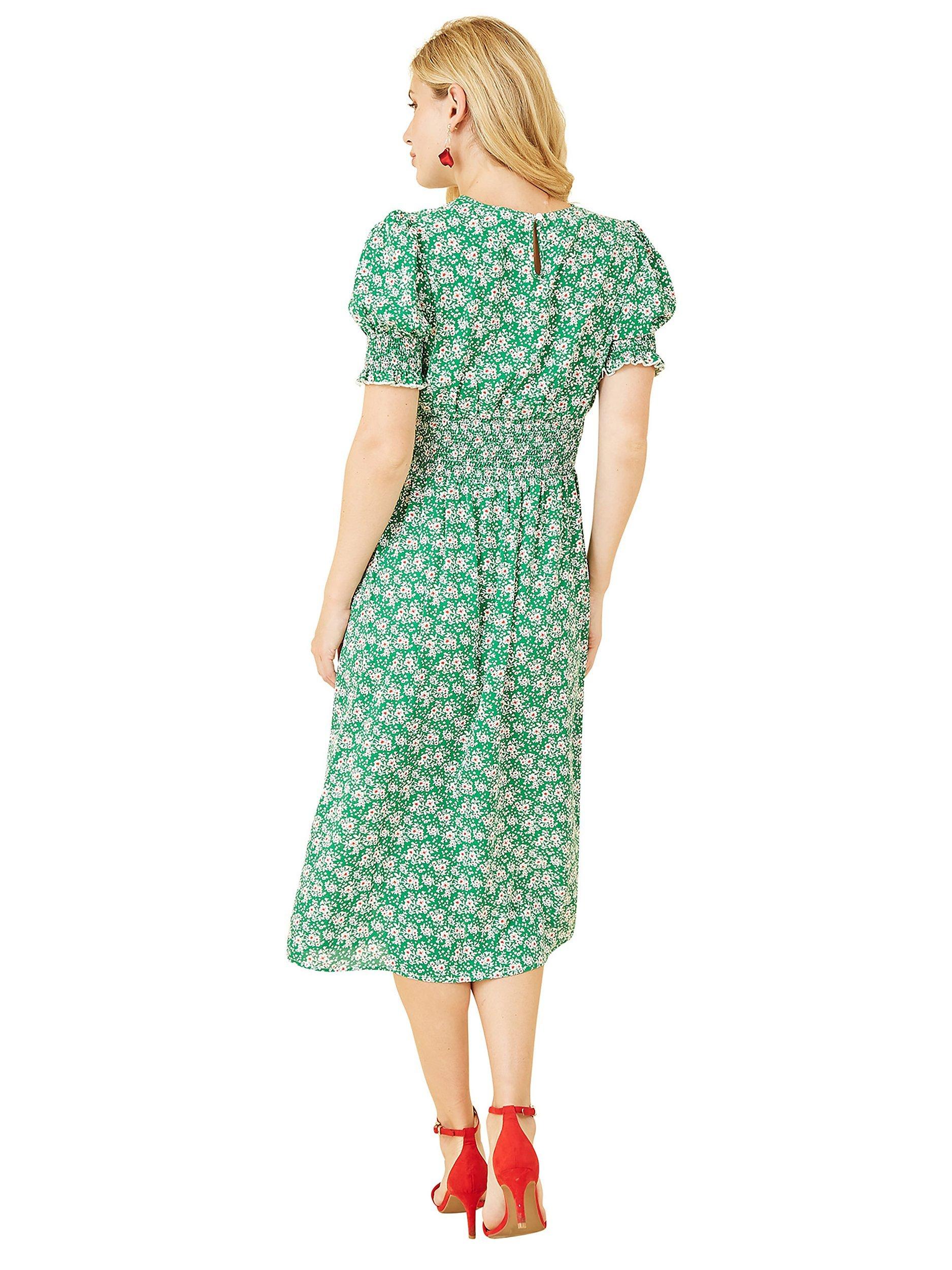 Product image 3 of 5, which shows Yumi Mela London Floral Print Shirred Waist Midi Dress, Green/Multi, 8