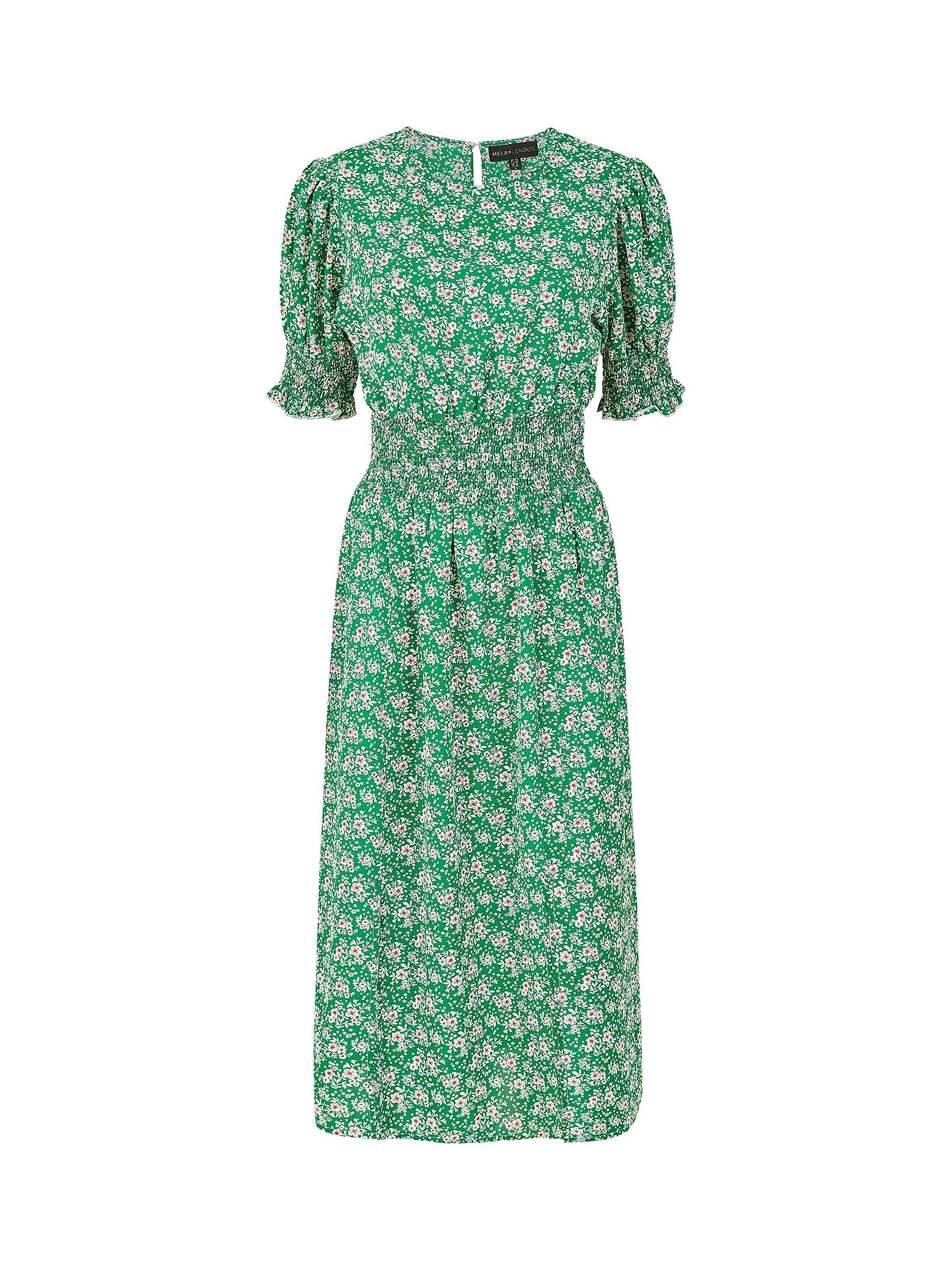 Product image 5 of 5, which shows Yumi Mela London Floral Print Shirred Waist Midi Dress, Green/Multi, 8