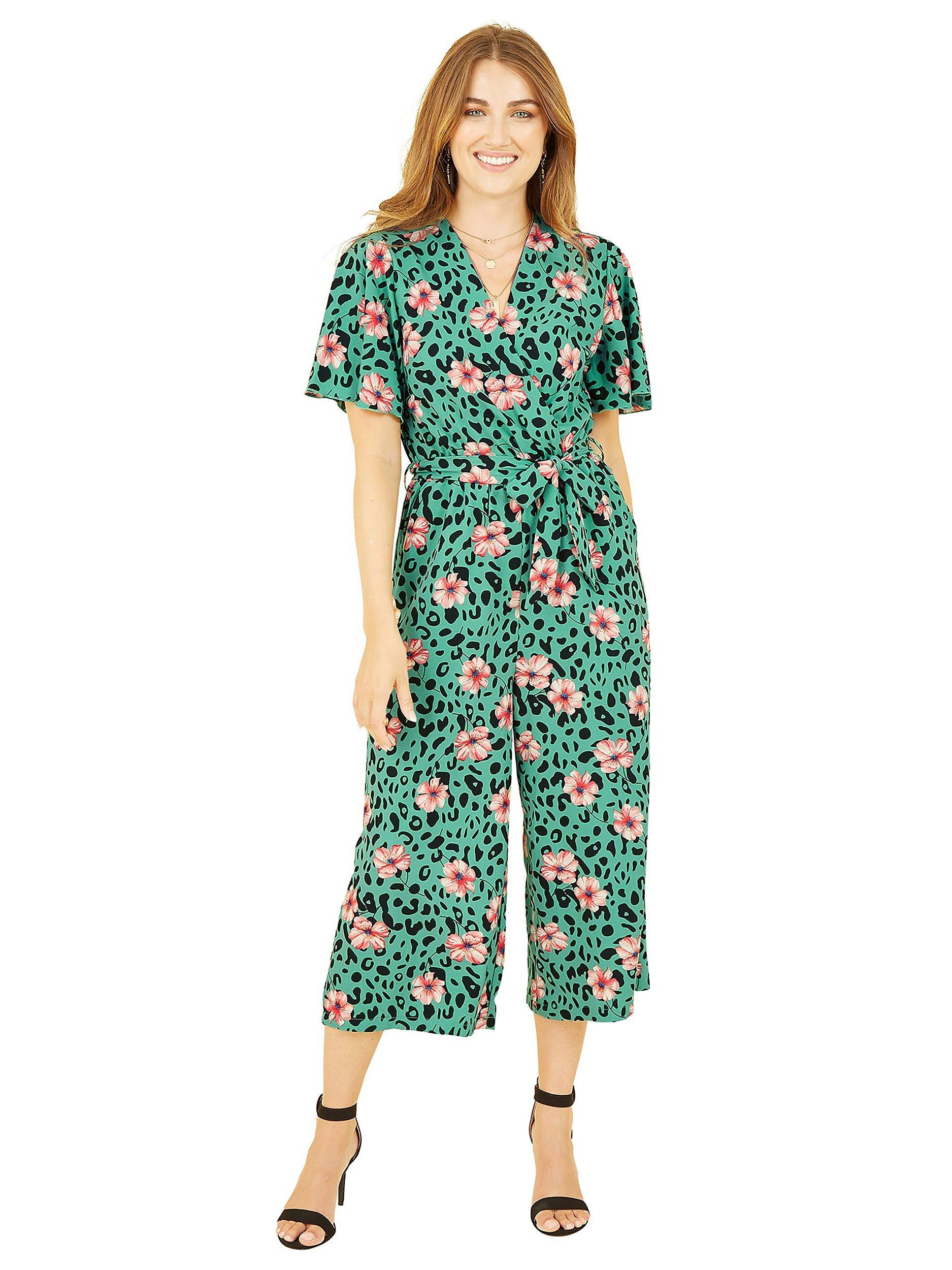 Product image 1 of 4, which shows Yumi Mela London Animal Print Culotte Jumpsuit, Green/Multi, 18
