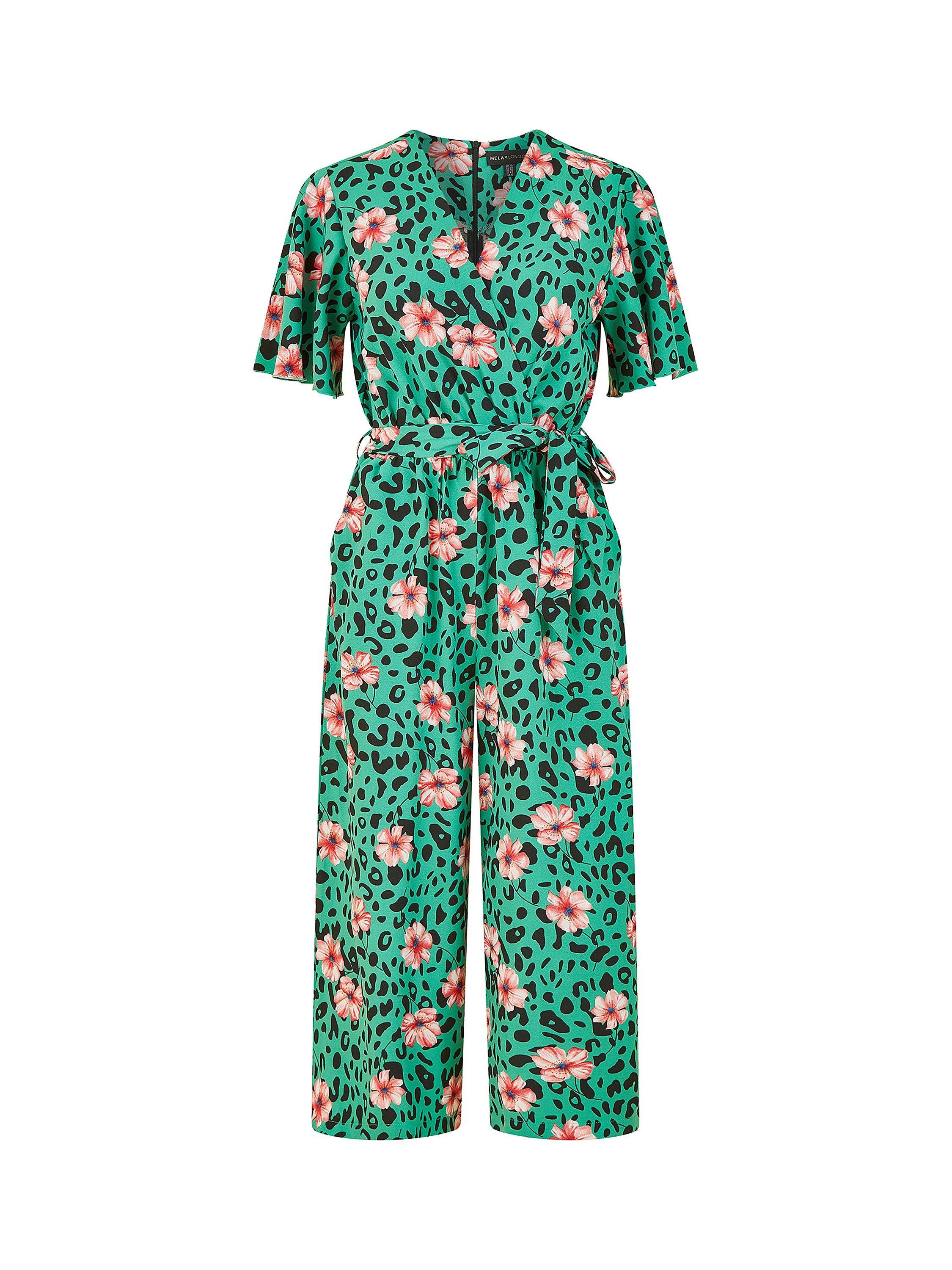 Product image 4 of 4, which shows Yumi Mela London Animal Print Culotte Jumpsuit, Green/Multi, 18