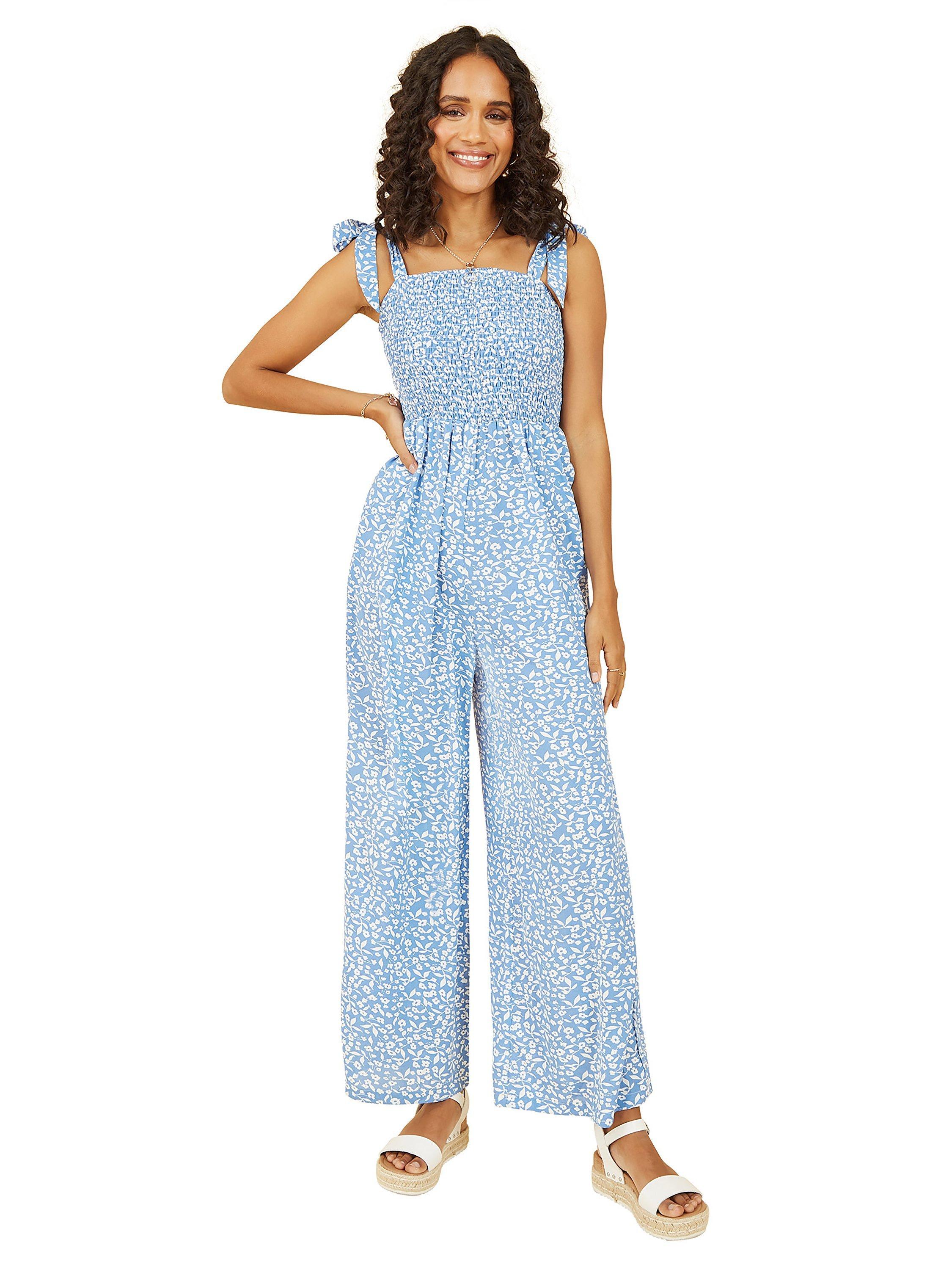 Product image 1 of 4, which shows Yumi Mela London Ditsy Print Jumpsuit, Blue, 8