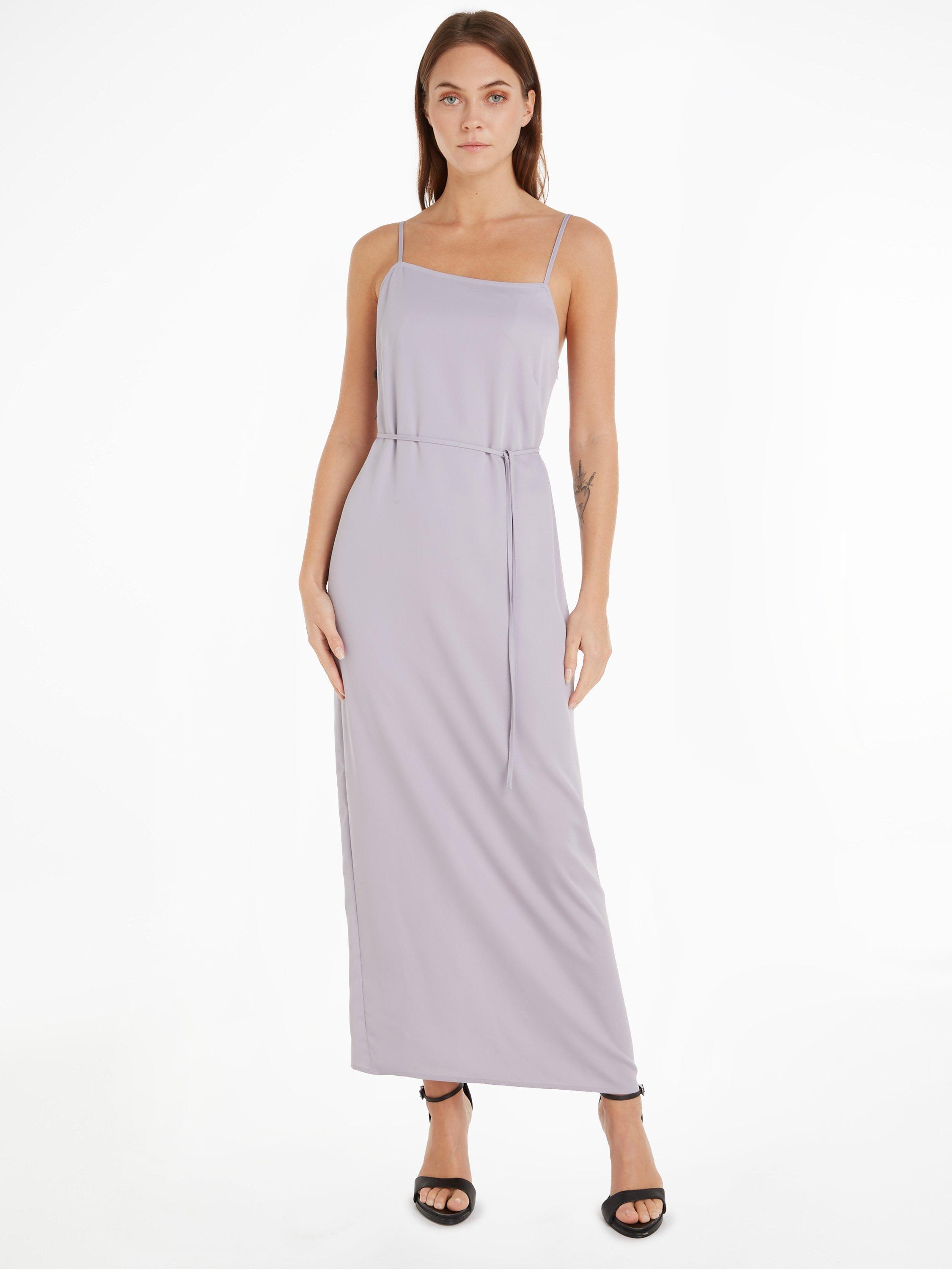 Calvin Klein Plain Belted Square Neck Midi Dress, Lilac Dusk