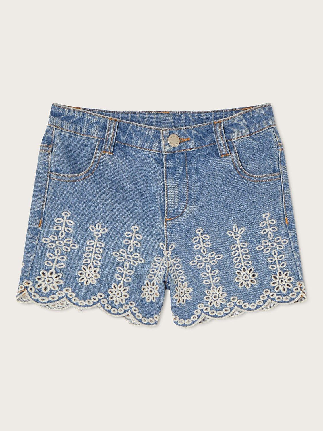 Monsoon Kids' Broderie Schiffli Denim Shorts, Blue