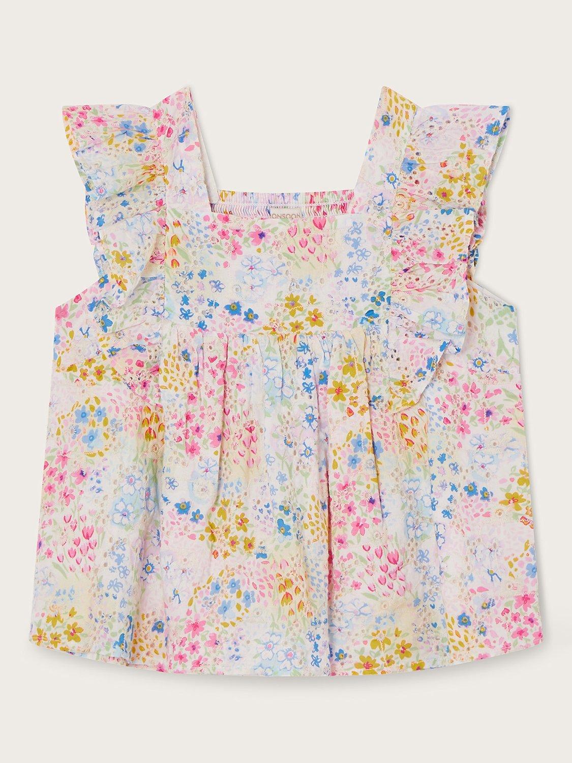 Monsoon Kids' Floral Print Cotton Broderi Blouse, Multi