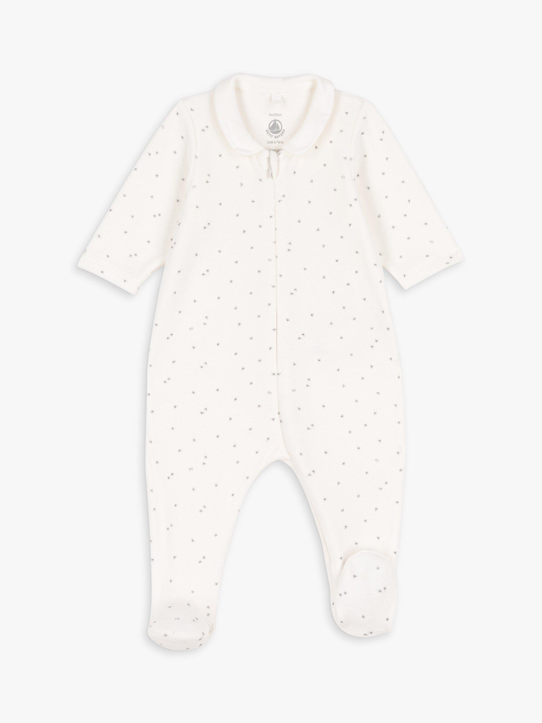 Petit Bateau Baby Starry Velour Sleepsuit, Marshmallow/Gris