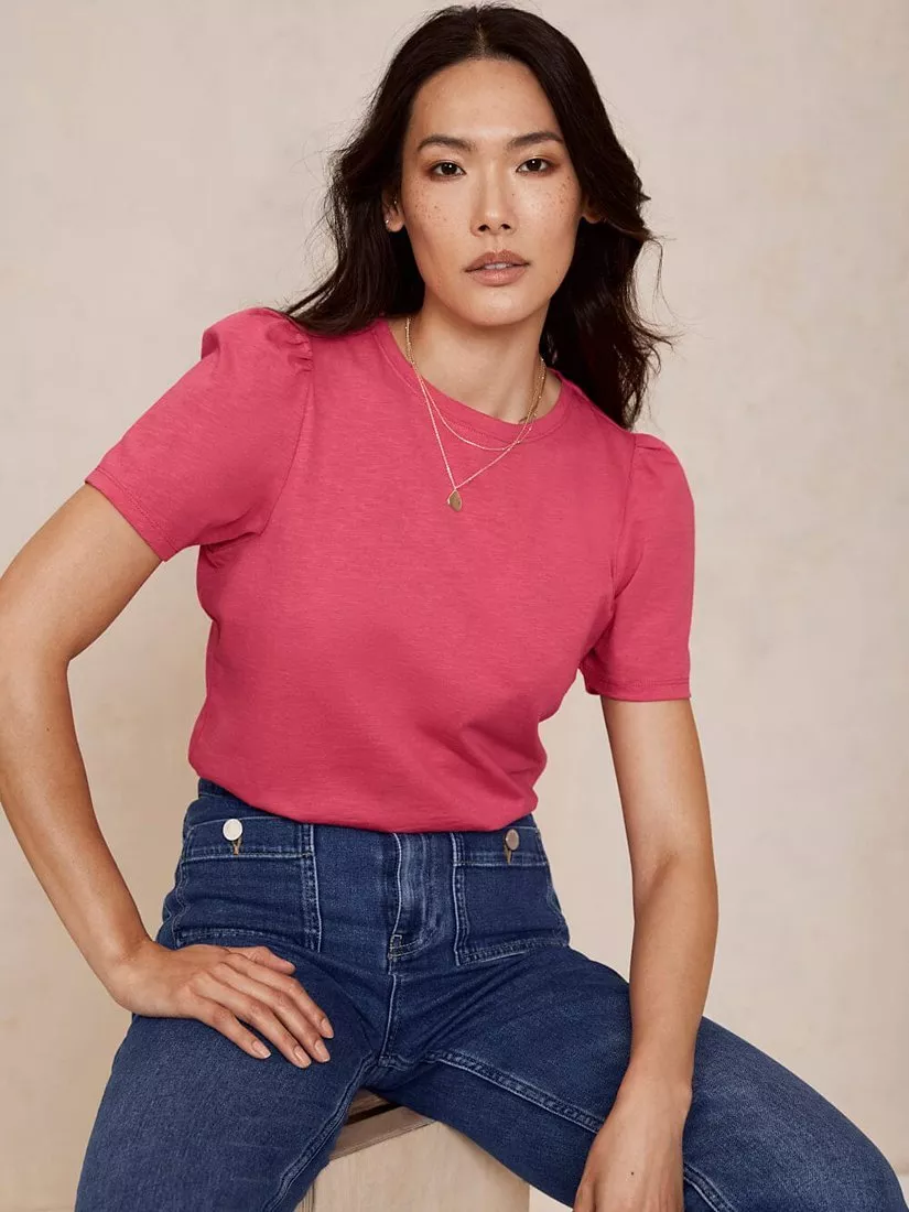 Mint Velvet Cotton Puff Sleeve T-Shirt, Pink