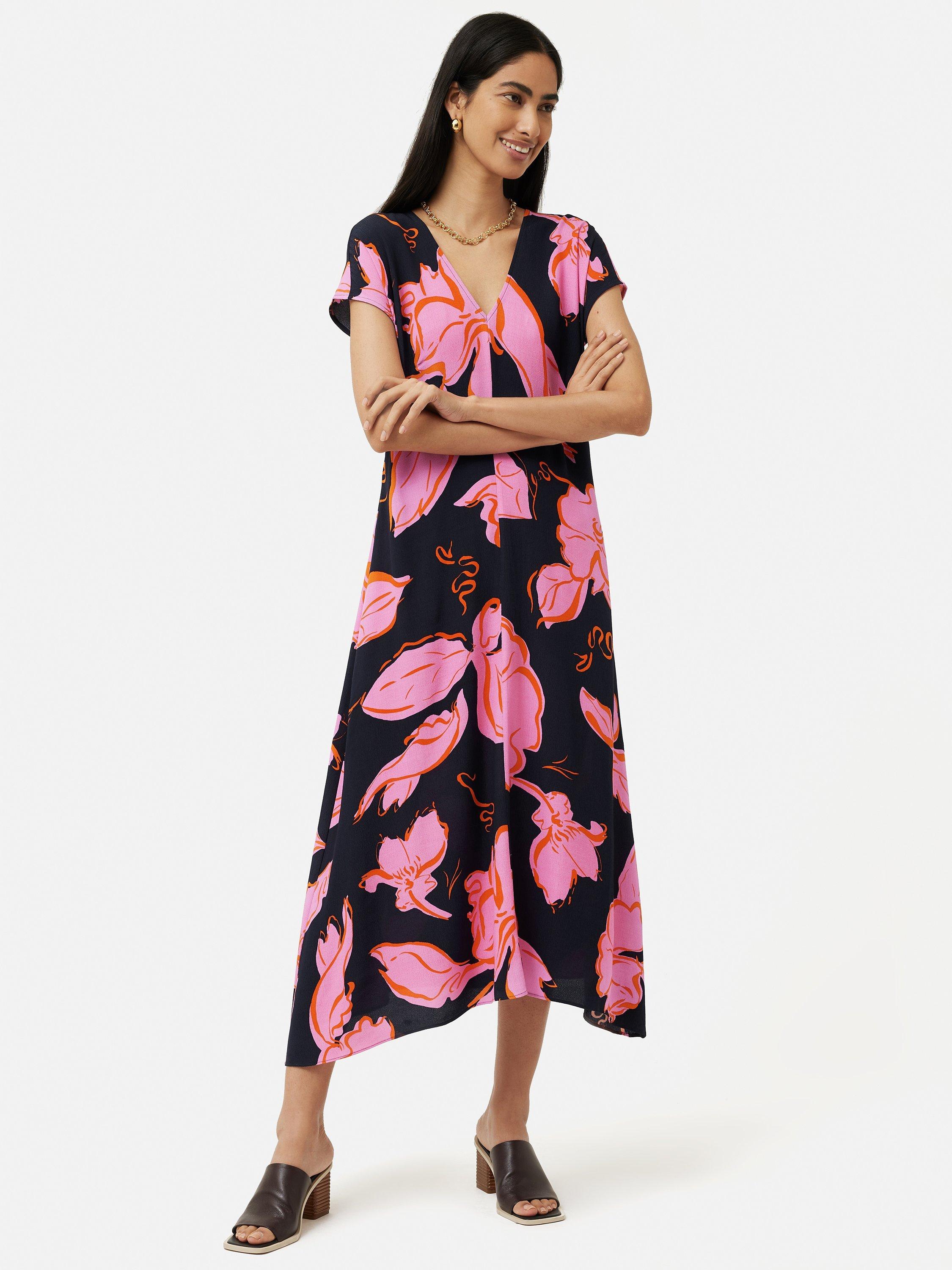 Jigsaw Leaf Outline Shift Midi Dress, Navy/Multi