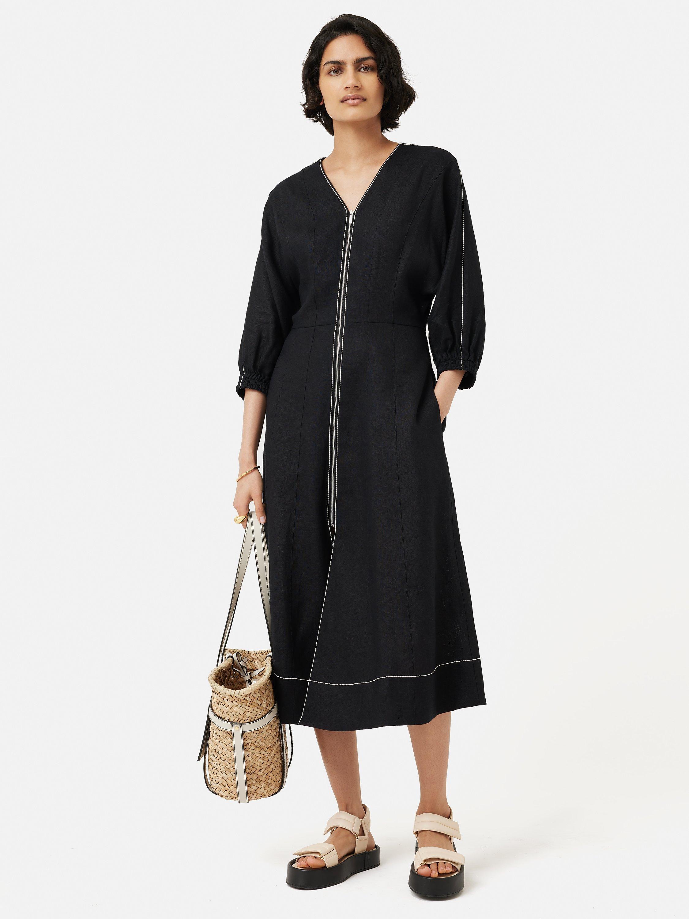 Jigsaw Linen Zip Front Midi Dress, Black