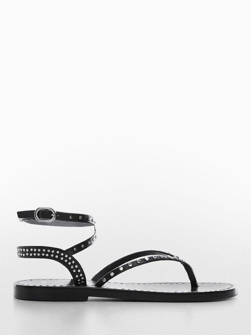 Mango Leather Stud Detail Sandals, Black
