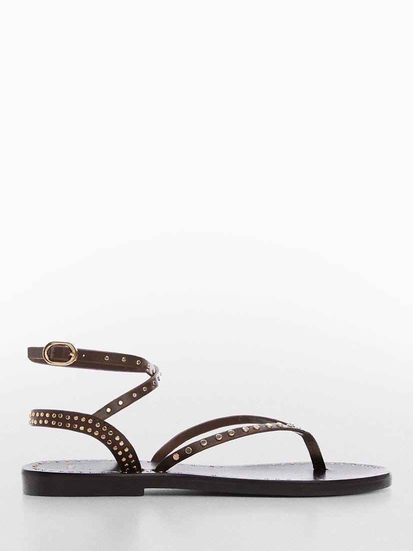 Mango Sola Leather Flat Strappy Sandals, Brown