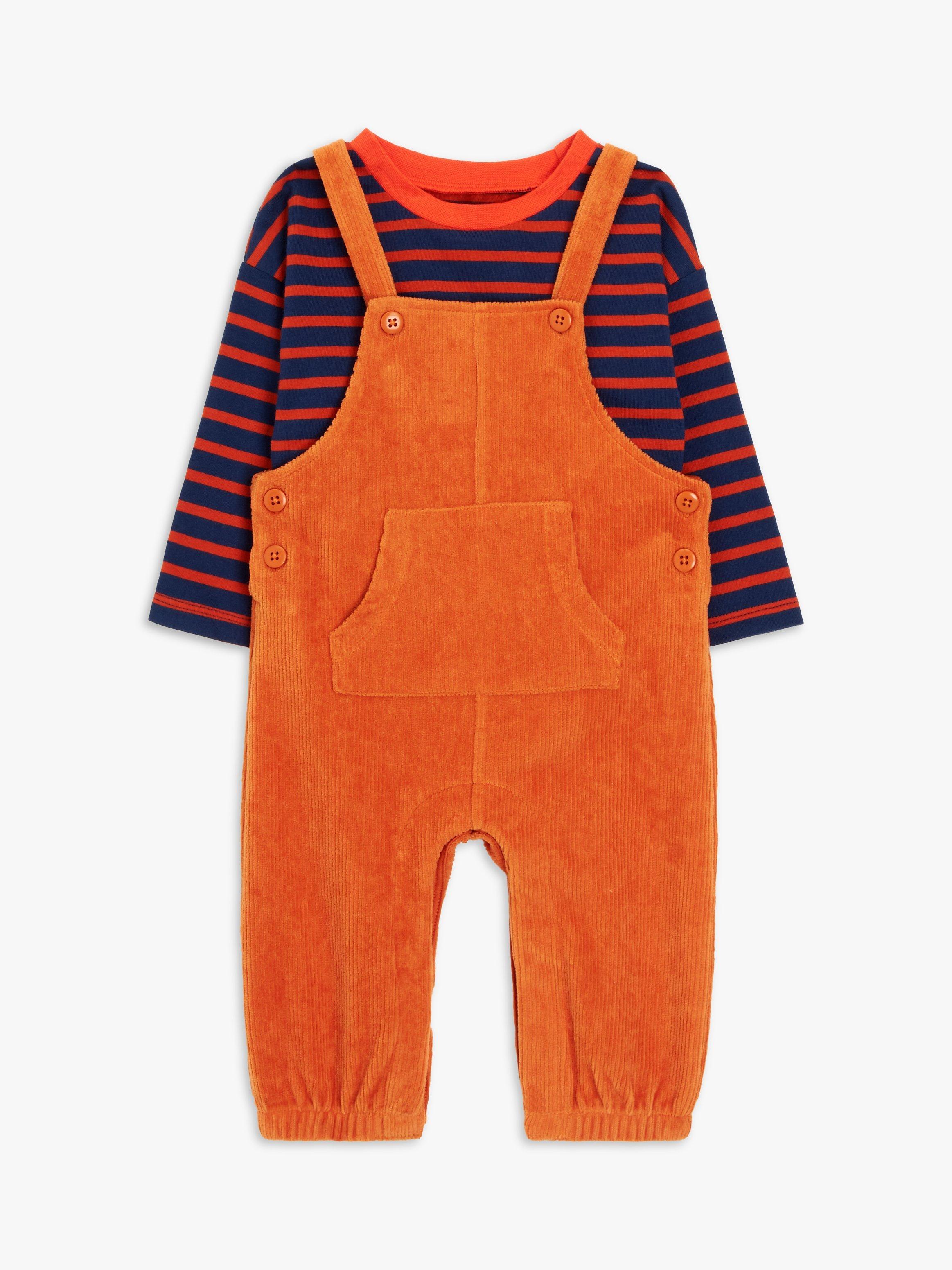 John Lewis ANYDAY Baby Stripe Top & Velour Corduroy Dungaree Set, Orange/Multi