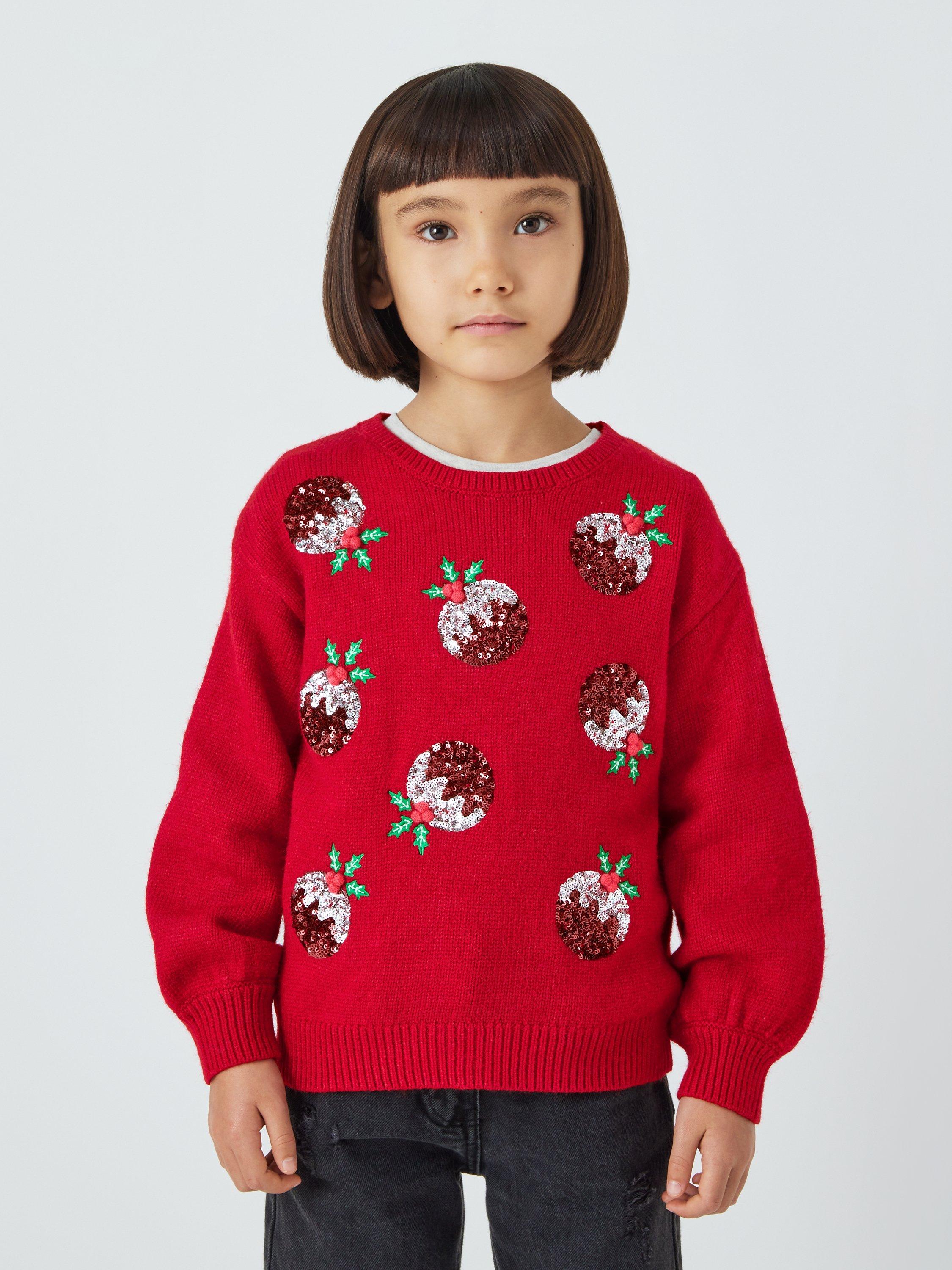 John Lewis Kids' Sequin Christmas Pudding Jumper, Red/Multi