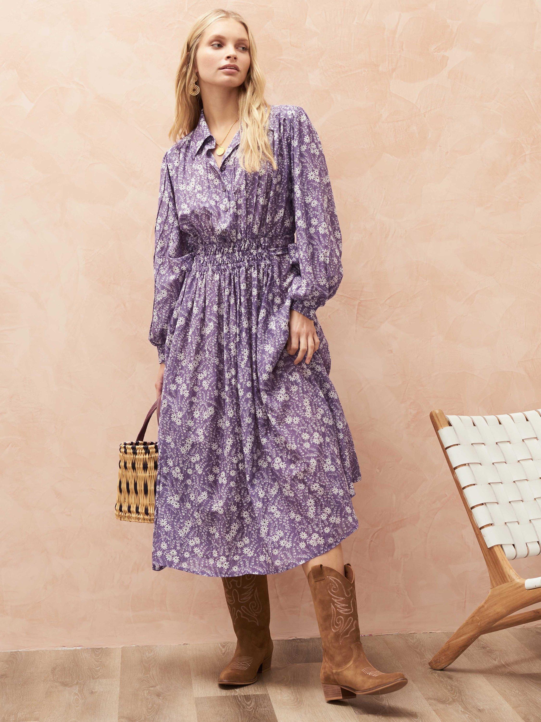 Brora Floral Shirt Silk Blend Dress, Lavender/Ivory
