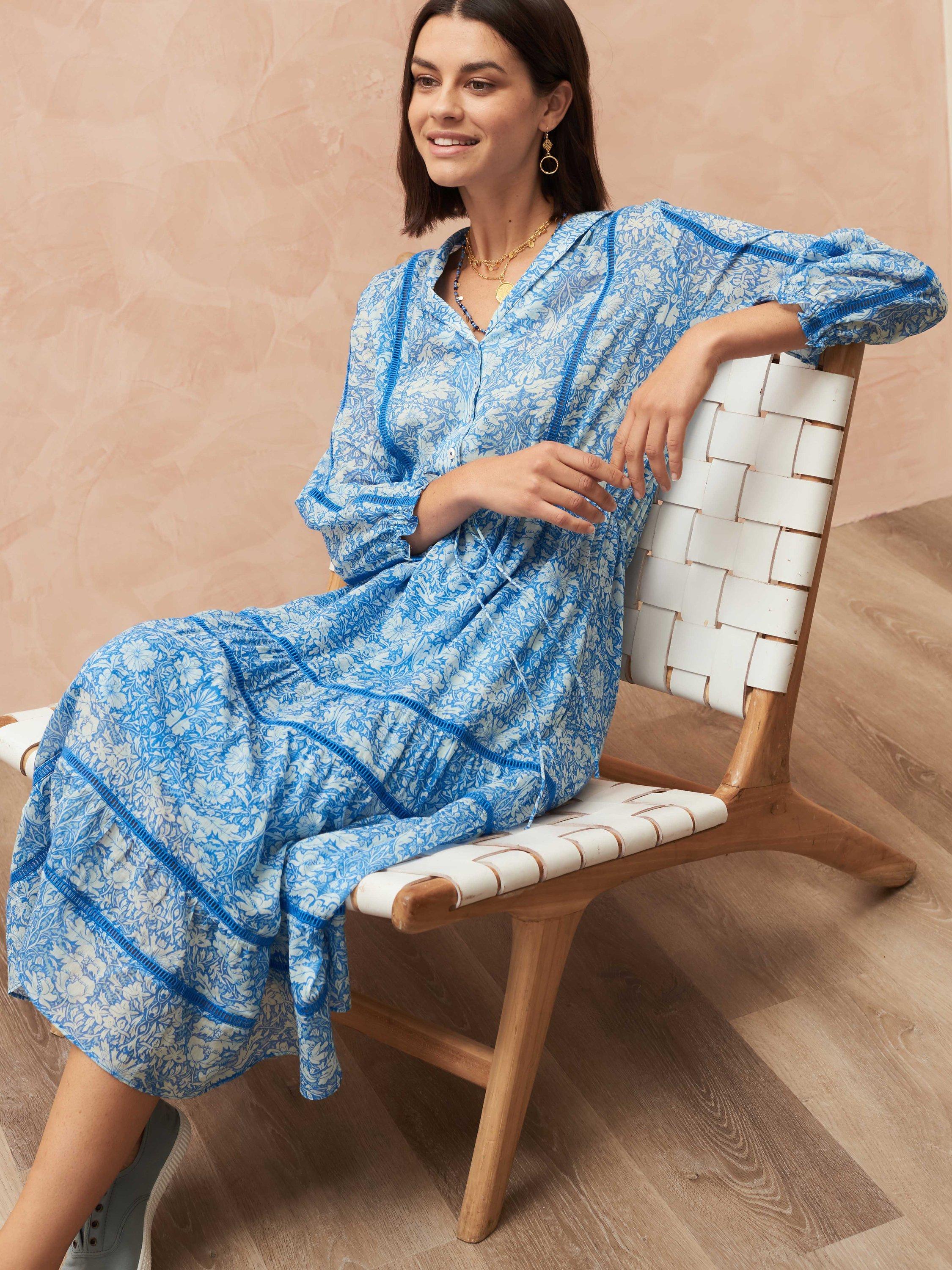 Brora Floral Cotton Voile Midi Dress, Azure