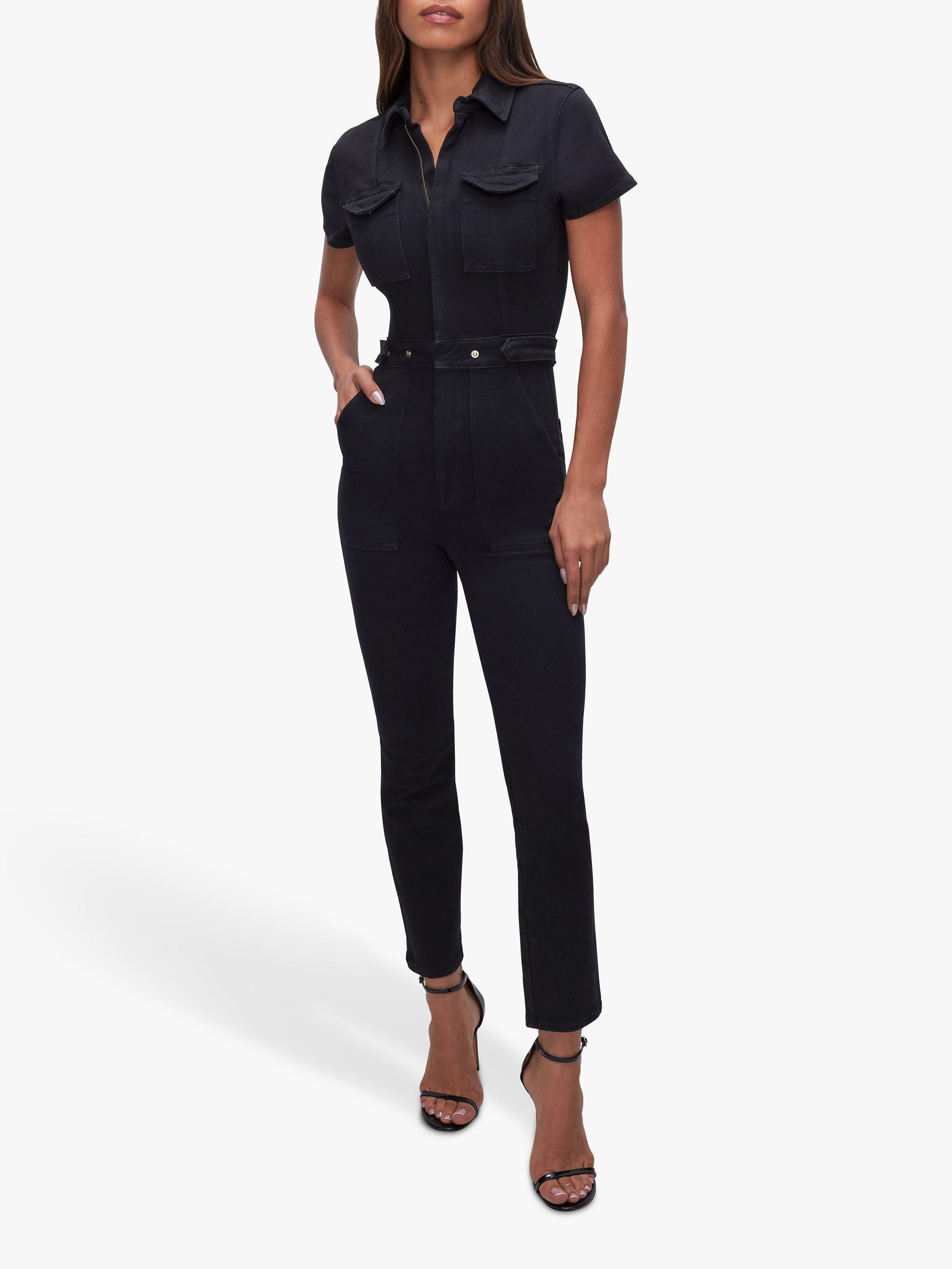 Product image 1 of 7, which shows Good American Short Sleeve Denim Jumpsuit, Black, XS