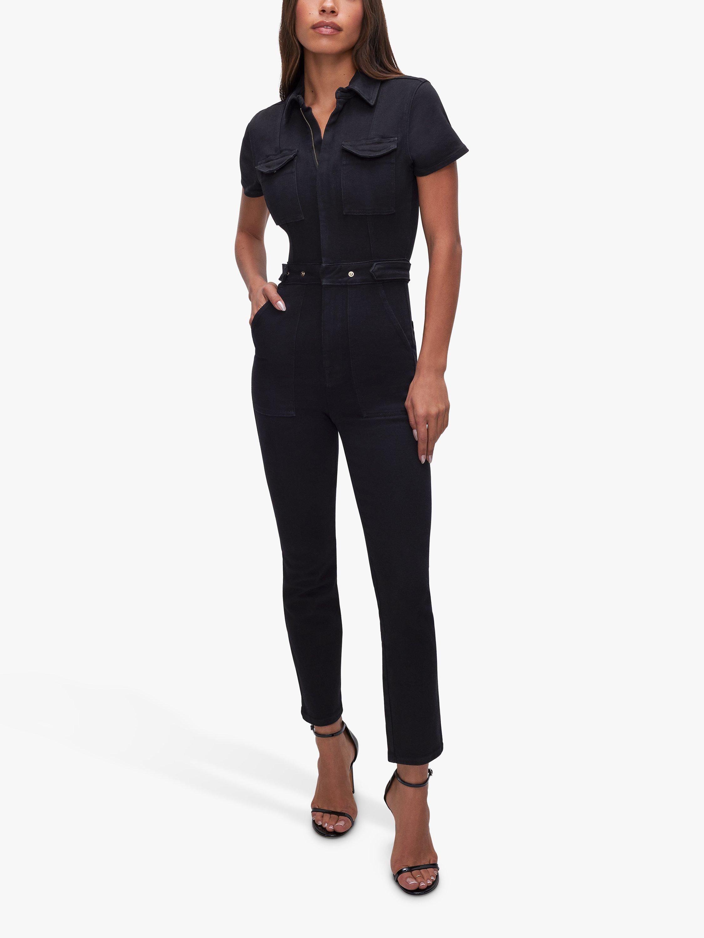 Product image 2 of 7, which shows Good American Short Sleeve Denim Jumpsuit, Black, XS