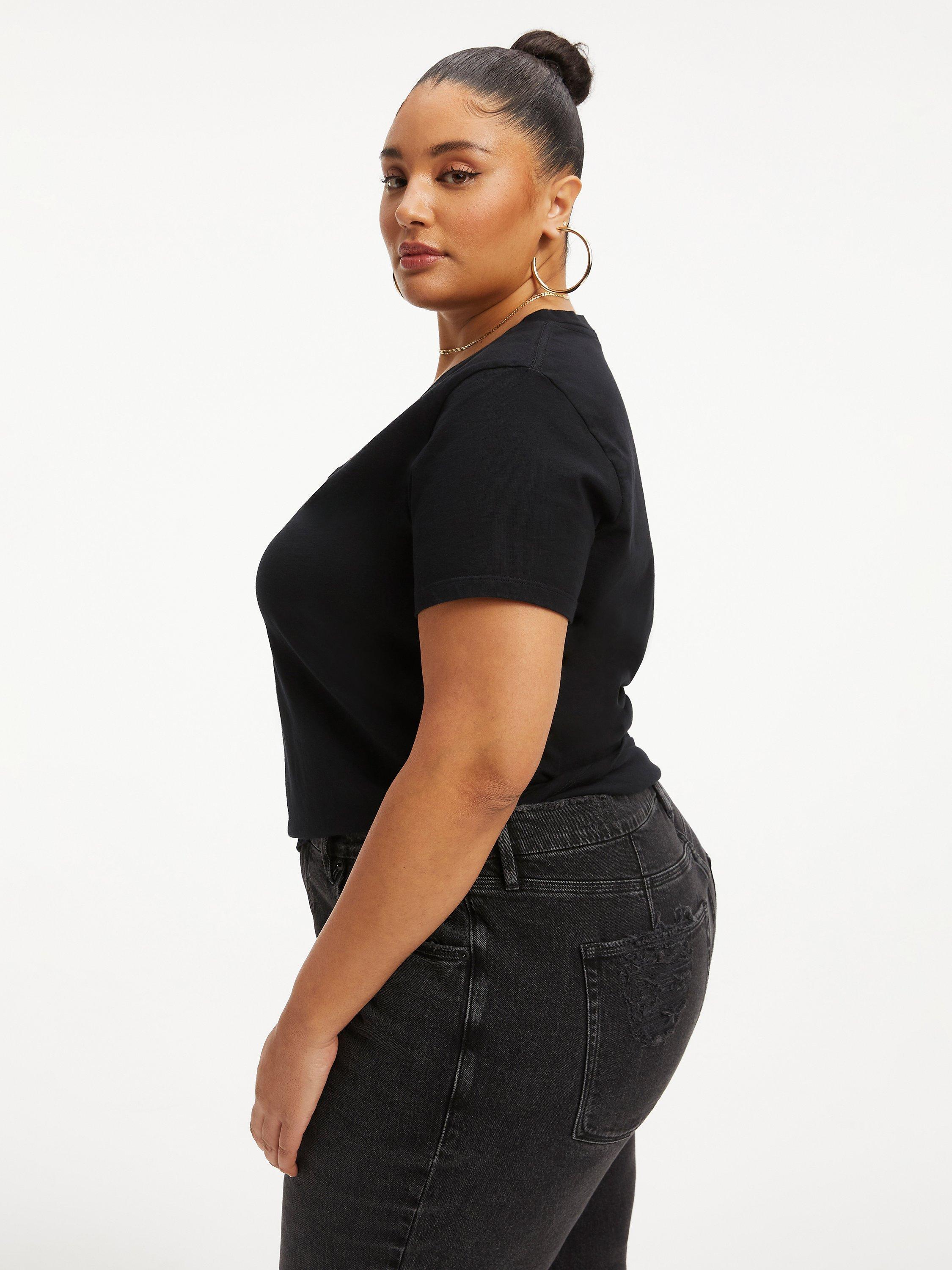 Product image 7 of 8, which shows Good American Heritage Plain V-Neck T-Shirt, Black, XS