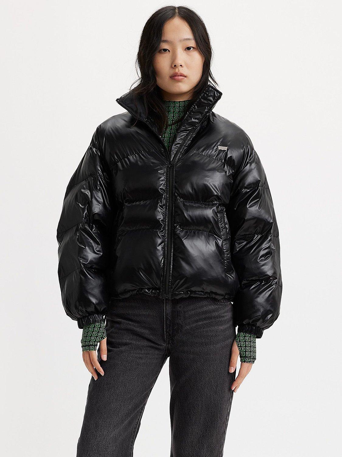 Plain black puffer jacket women's online