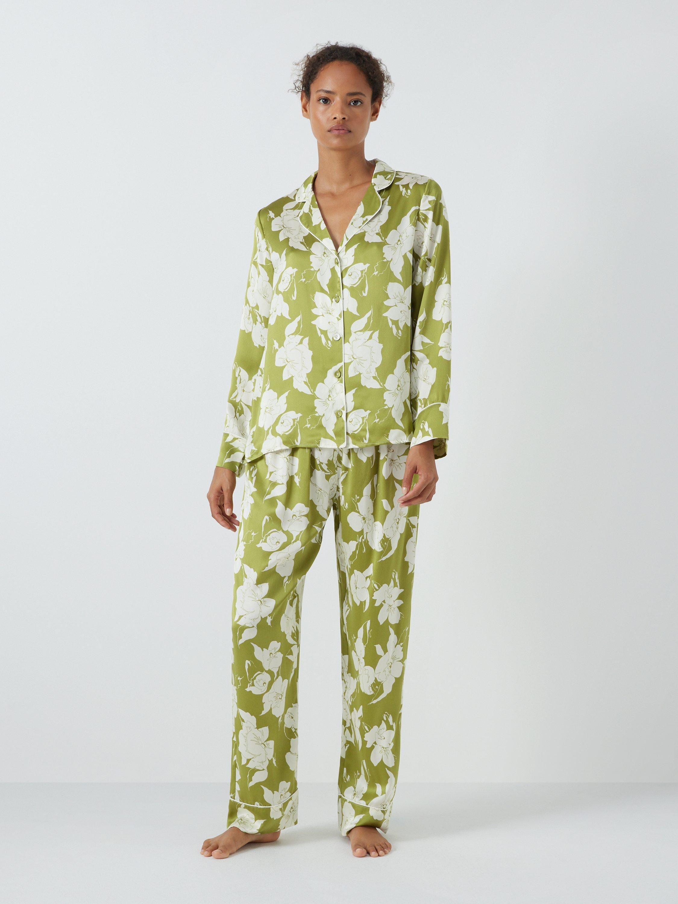 John Lewis Floral Silk Shirt Pyjama Set, Green