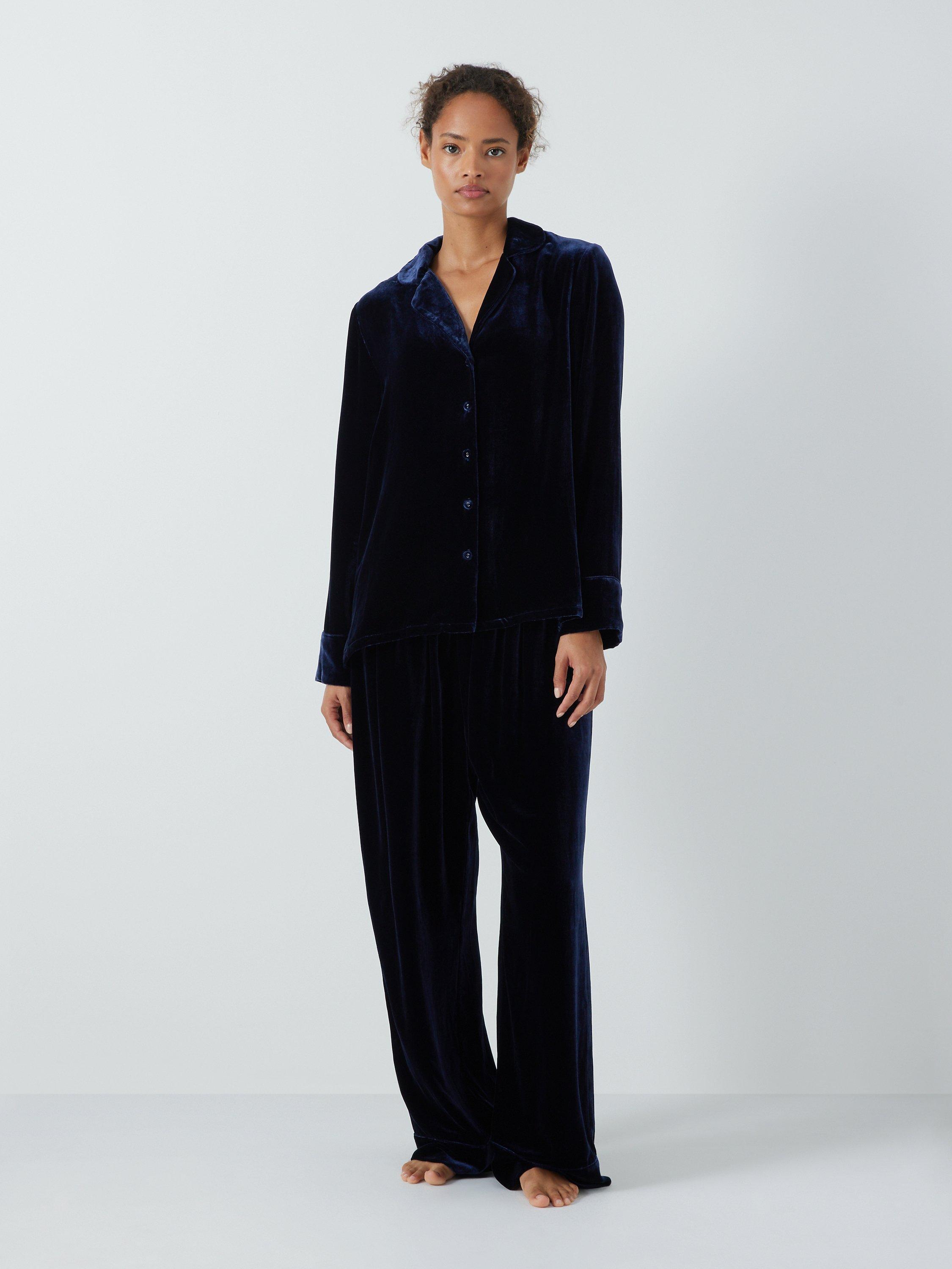John Lewis Velour Silk Blend Shirt Lounge Set, Navy