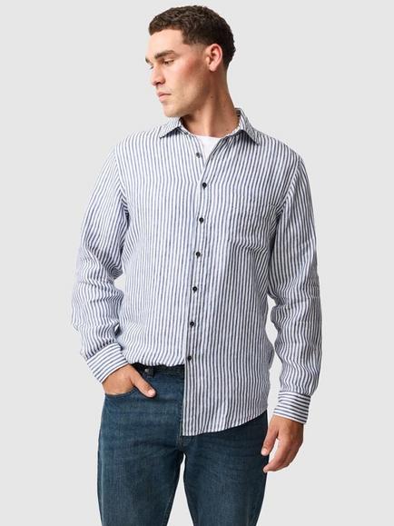 Rodd & Gunn Port Charles Stripe Linen Slim Fit Long Sleeve Shirt, Deep Ocean, Deep Ocean