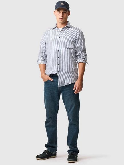 Rodd & Gunn Port Charles Stripe Linen Slim Fit Long Sleeve Shirt, Deep Ocean - view 2, Deep Ocean