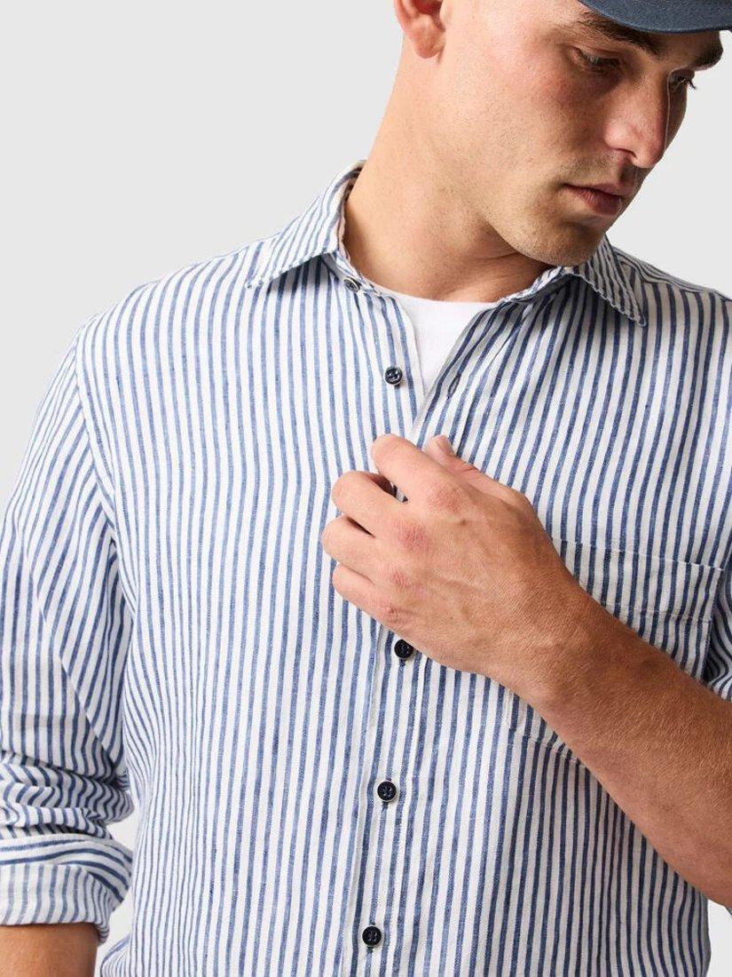 Product image 4 of 6, which shows Rodd & Gunn Port Charles Stripe Linen Slim Fit Long Sleeve Shirt, Deep Ocean, M