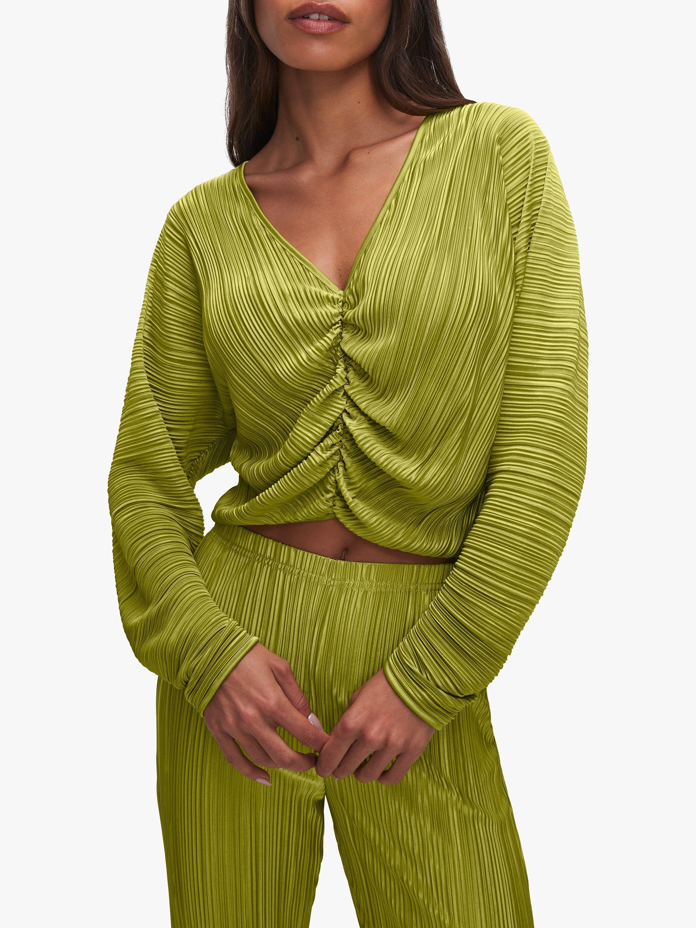 Good American Long Sleeve Ruched Plisse Top, Chartrusse