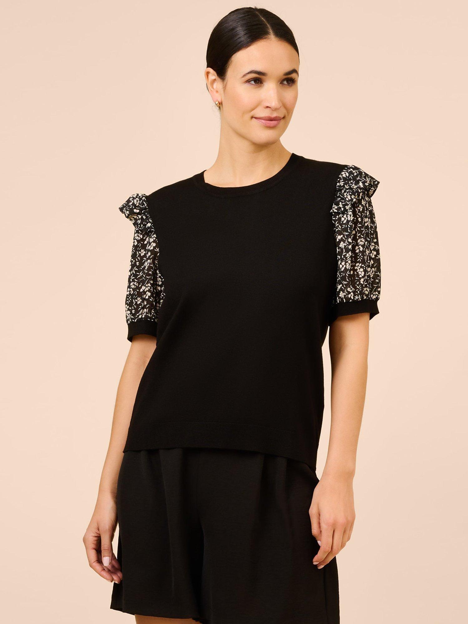 Adrianna Papell Floral Ruffle Short Sleeve Jumper, Black