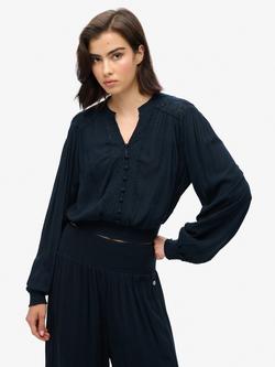 Superdry Long Sleeve Lace Trim Smocked Blouse, Eclipse Navy