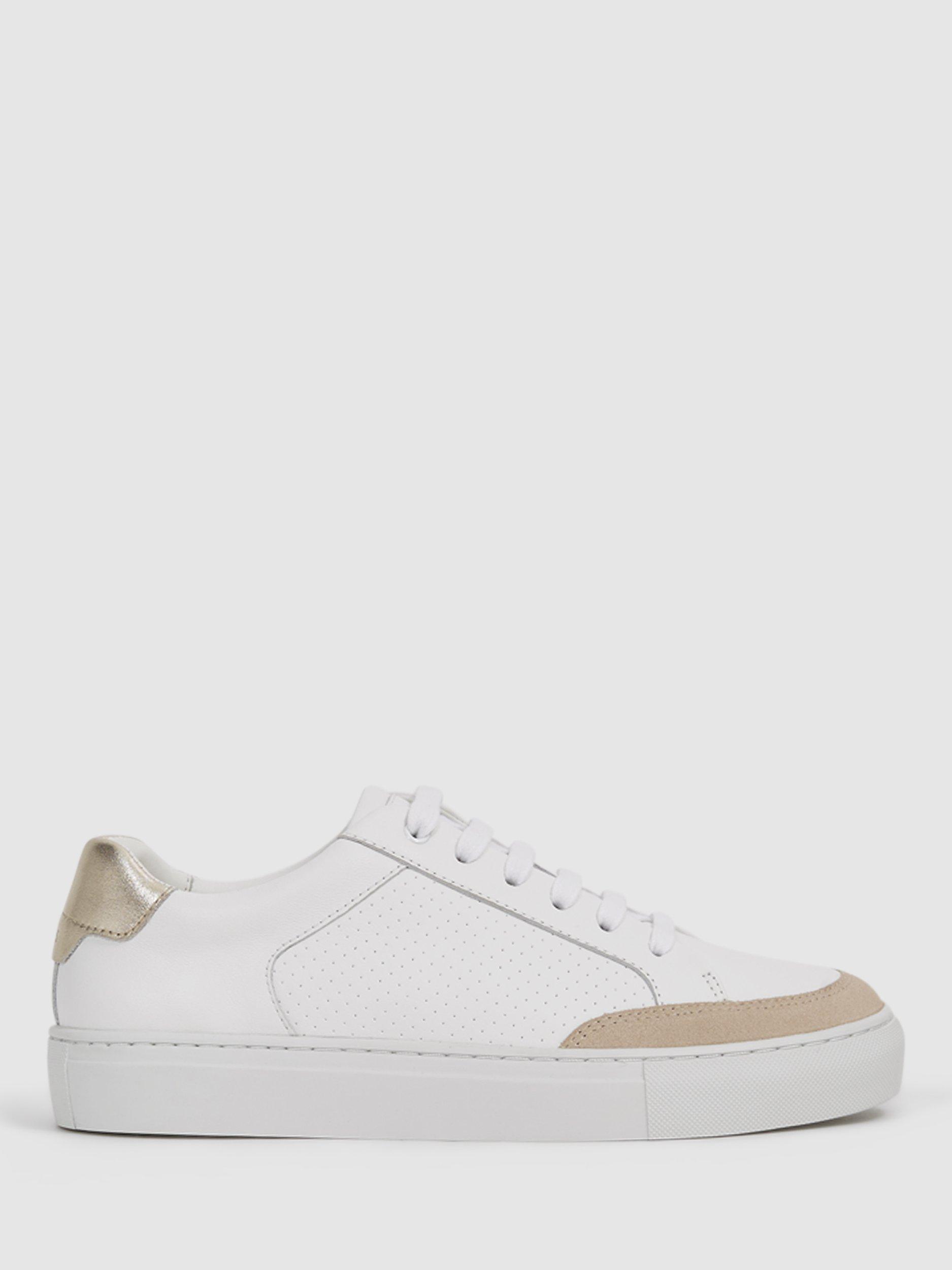 Reiss Ashley Leather and Suede Low Top Trainers, Gold